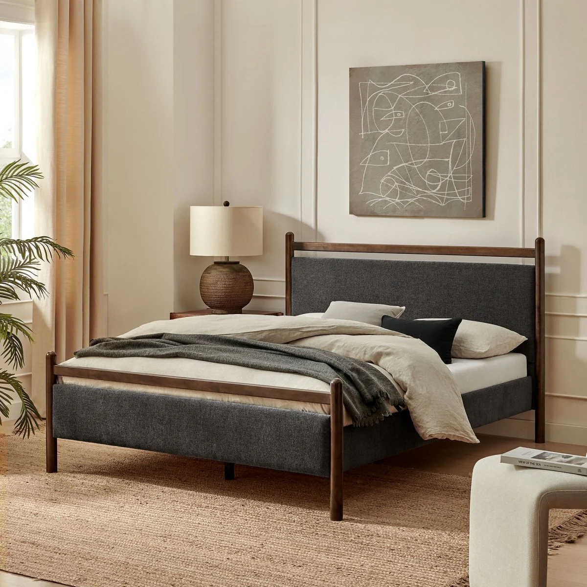 Padded Fabric Platform Bed with Light Oak Accents - Image 48
