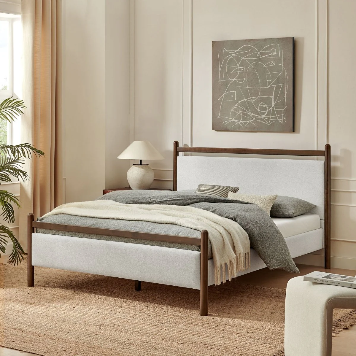 Padded Fabric Platform Bed with Light Oak Accents - Image 84