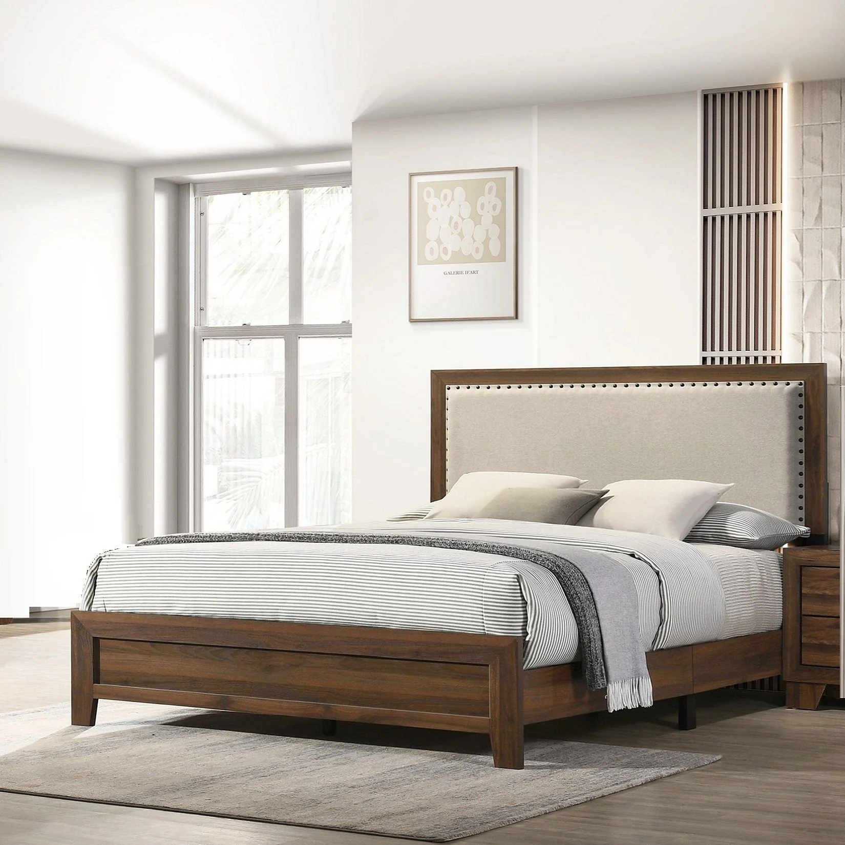 Panel Bed With Fabric Upholstered Tufted Nailhead Trim Headboard - Image 2