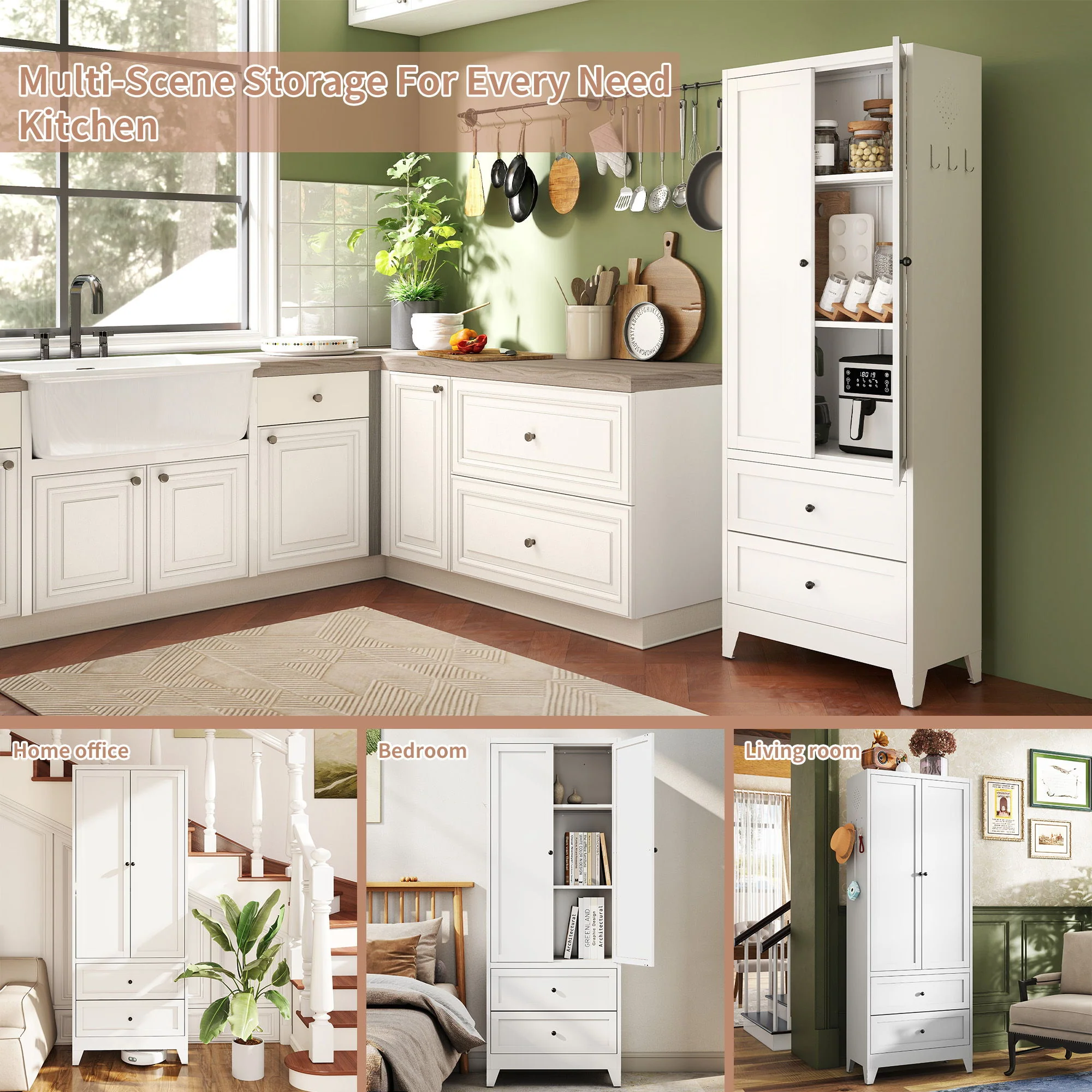 Pantry Cabinet With 2 Drawers, Freestanding Kitchen Storage Cabinet With Adjustable Shelves, Heavy-Duty Organizer For Spices, Dishware, Small Appliances - White - Image 4