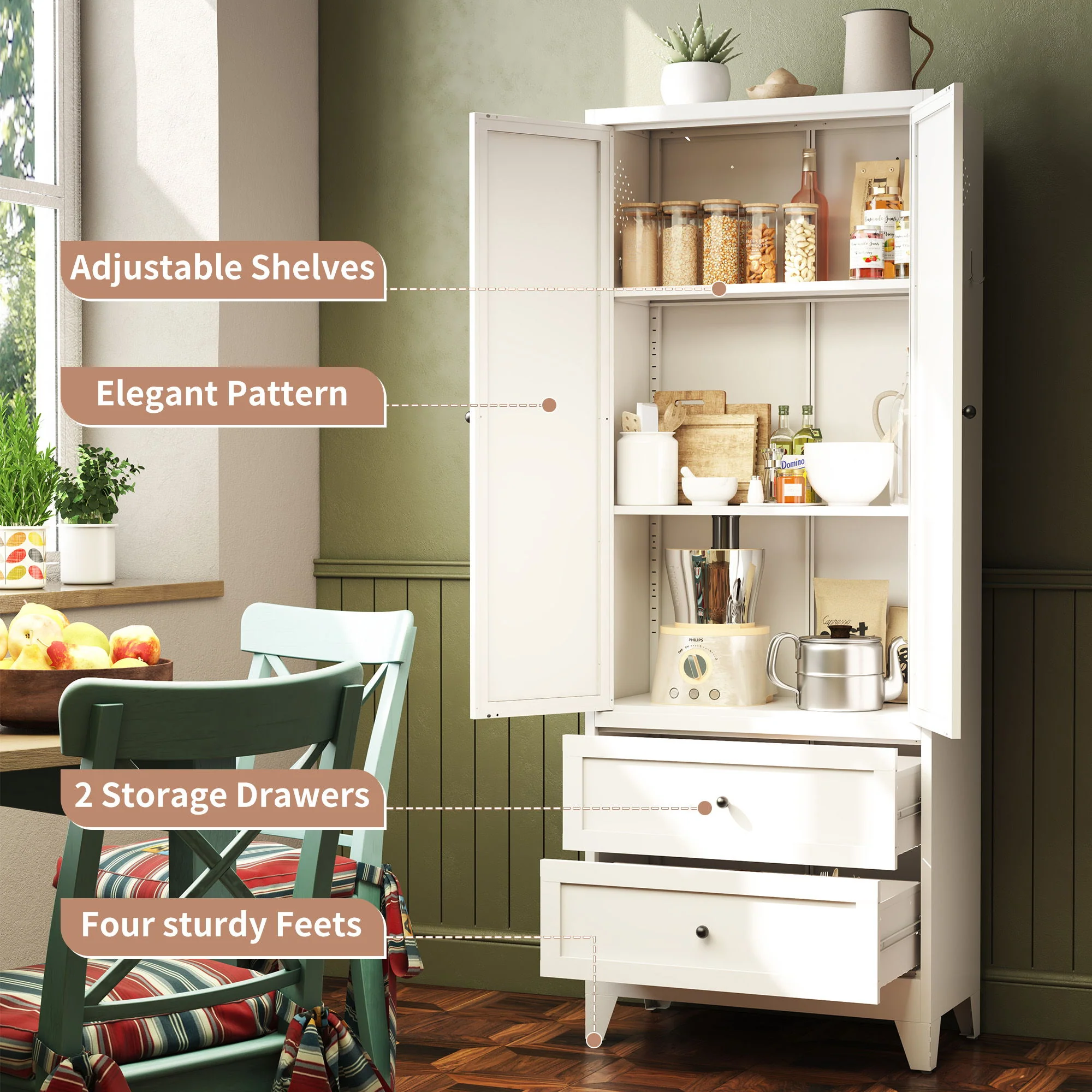 Pantry Cabinet With 2 Drawers, Freestanding Kitchen Storage Cabinet With Adjustable Shelves, Heavy-Duty Organizer For Spices, Dishware, Small Appliances - White - Image 6