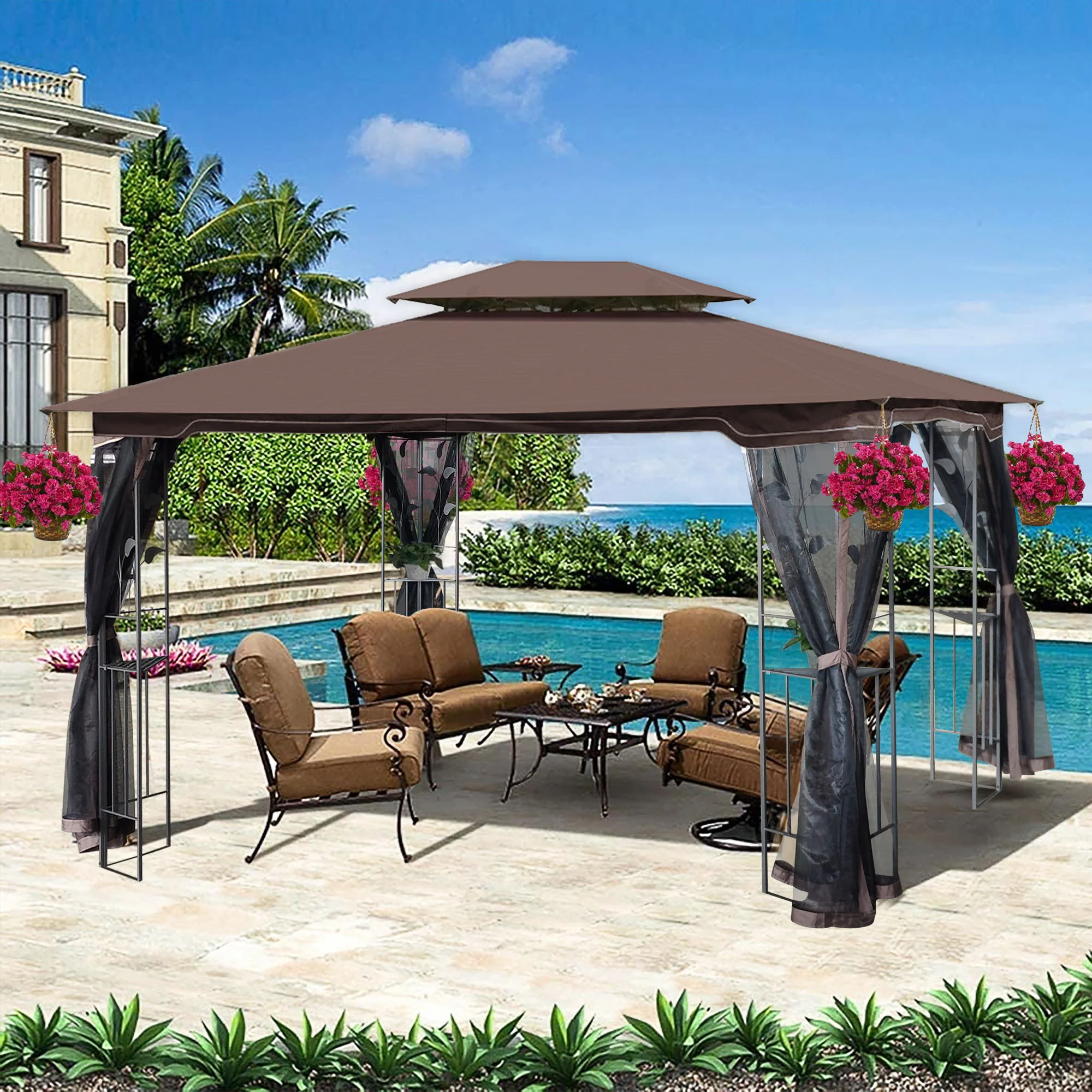 Patio Gazebo Tent With Ventilated Double Roof And Mosquito Net For Backyard Or Garden - Image 10