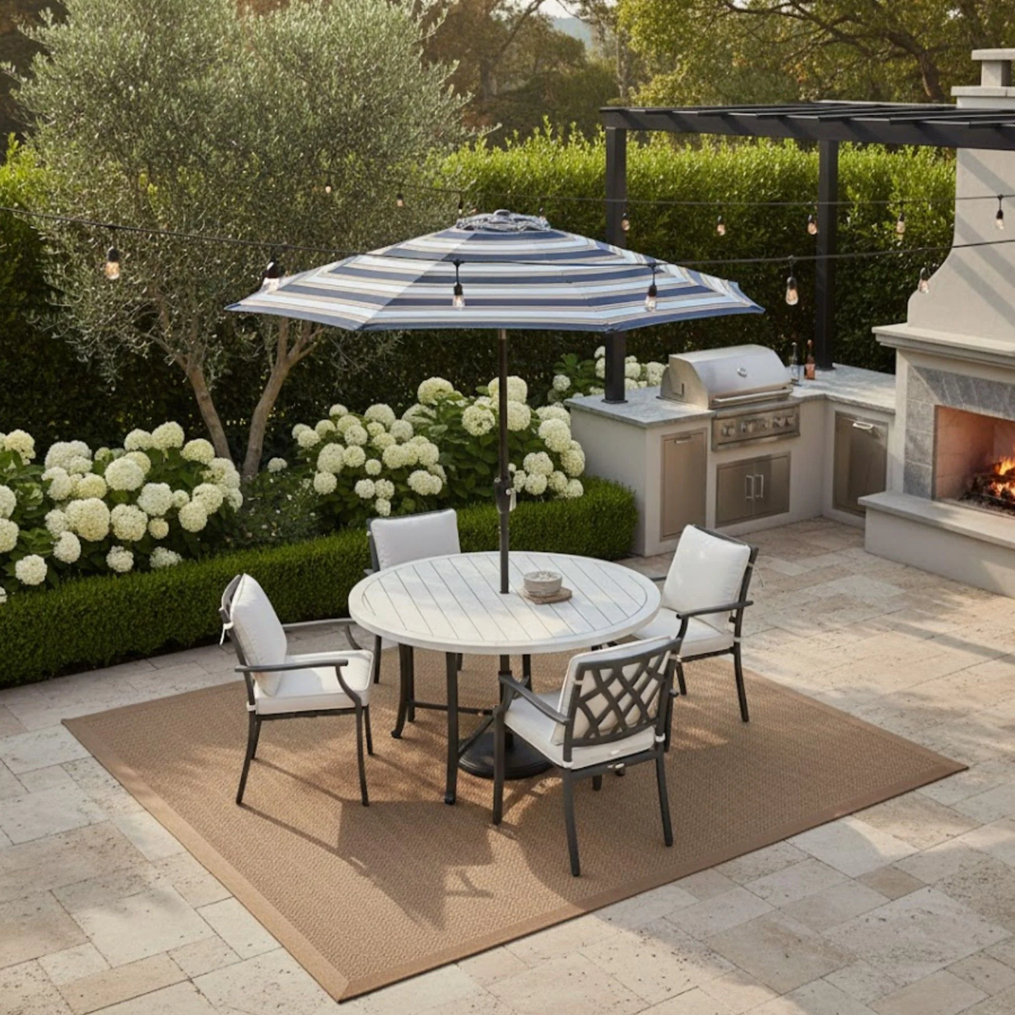 Patio Umbrella With Crank Lift & Push Button Tilt Frame, 200G / Sqm Solution Dyed Canopy - Blue Multi / Brown - Image 5