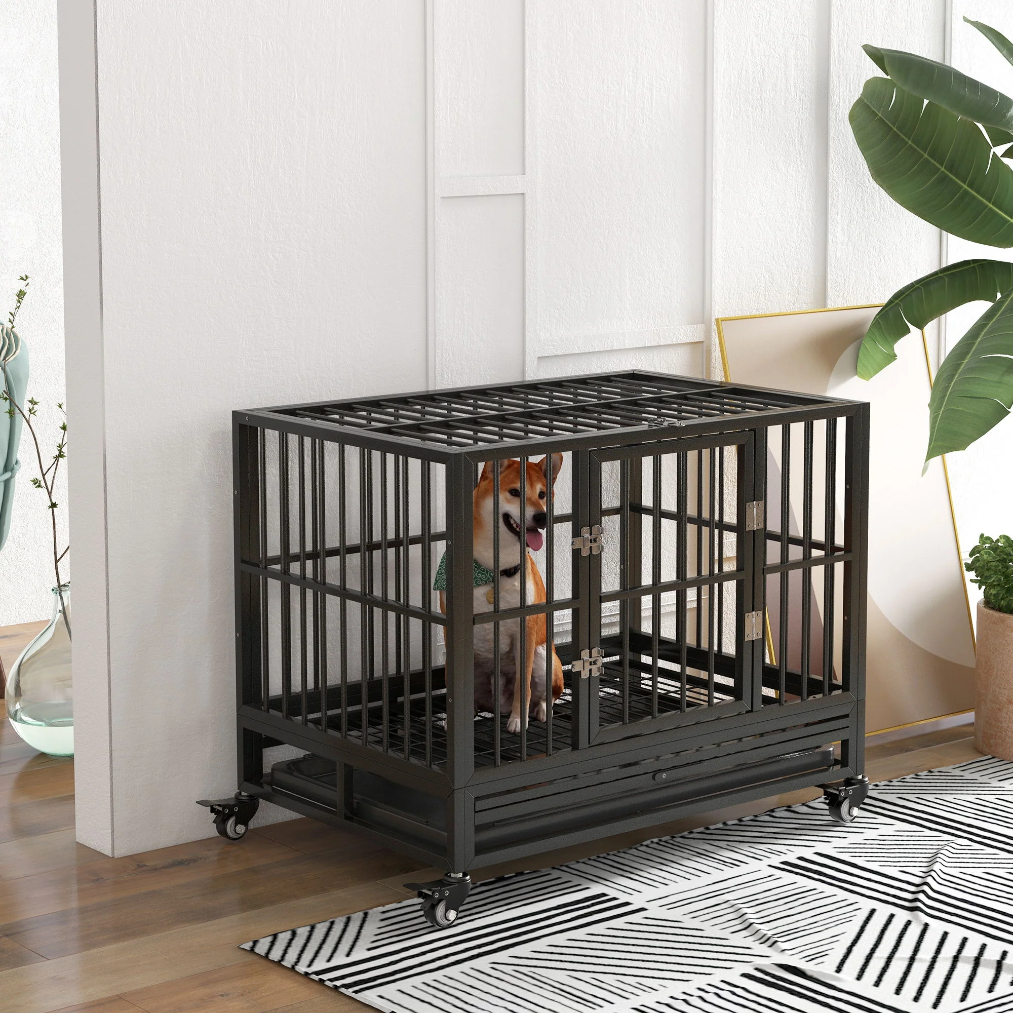 Pawhut - 36" Heavy Duty Dog Crate Metal Cage Kennel With Lockable Wheels, Double Door And Removable Tray - Gray - Image 3