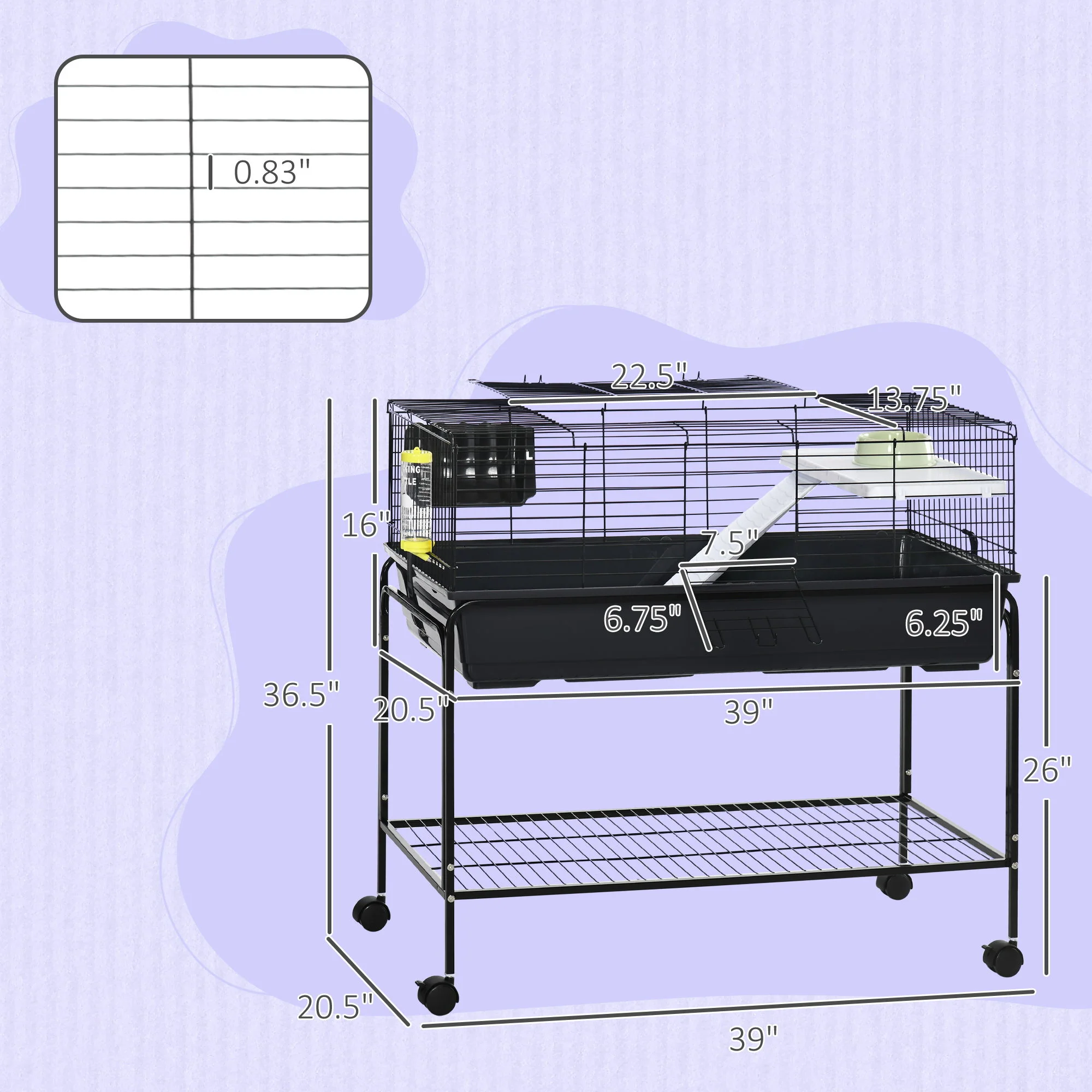 Pawhut - Two-Story Small Animal Cage Removable From Stand, Guinea Pig Cage, Hedgehog Cage, Chinchilla Cage, Ferret, With Shelf & Wheels, Pet Habitat - Black - Image 9