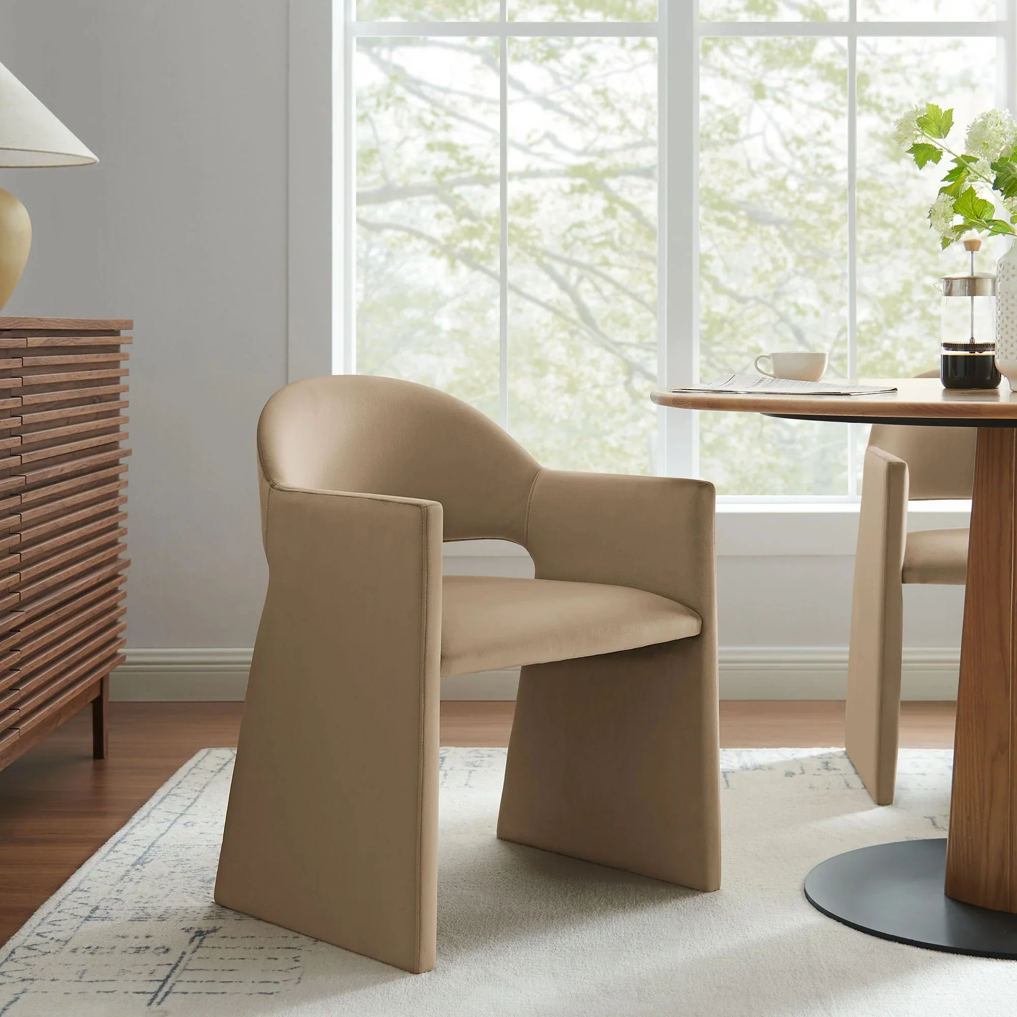 Performance Velvet Barrel Dining Armchair with Curved Back - Image 41