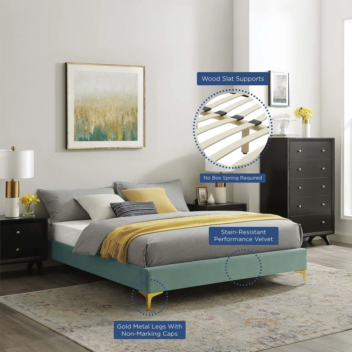 Performance Velvet Platform Bed Frame with Gold Metal Legs - Image 82