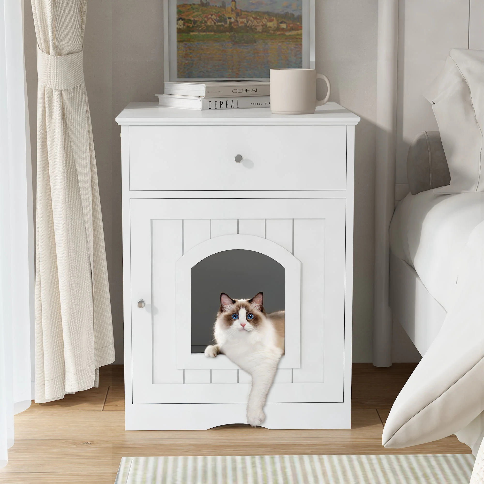 Pet House Cat Litter Box Enclosure With Drawer, Side Table - Image 17