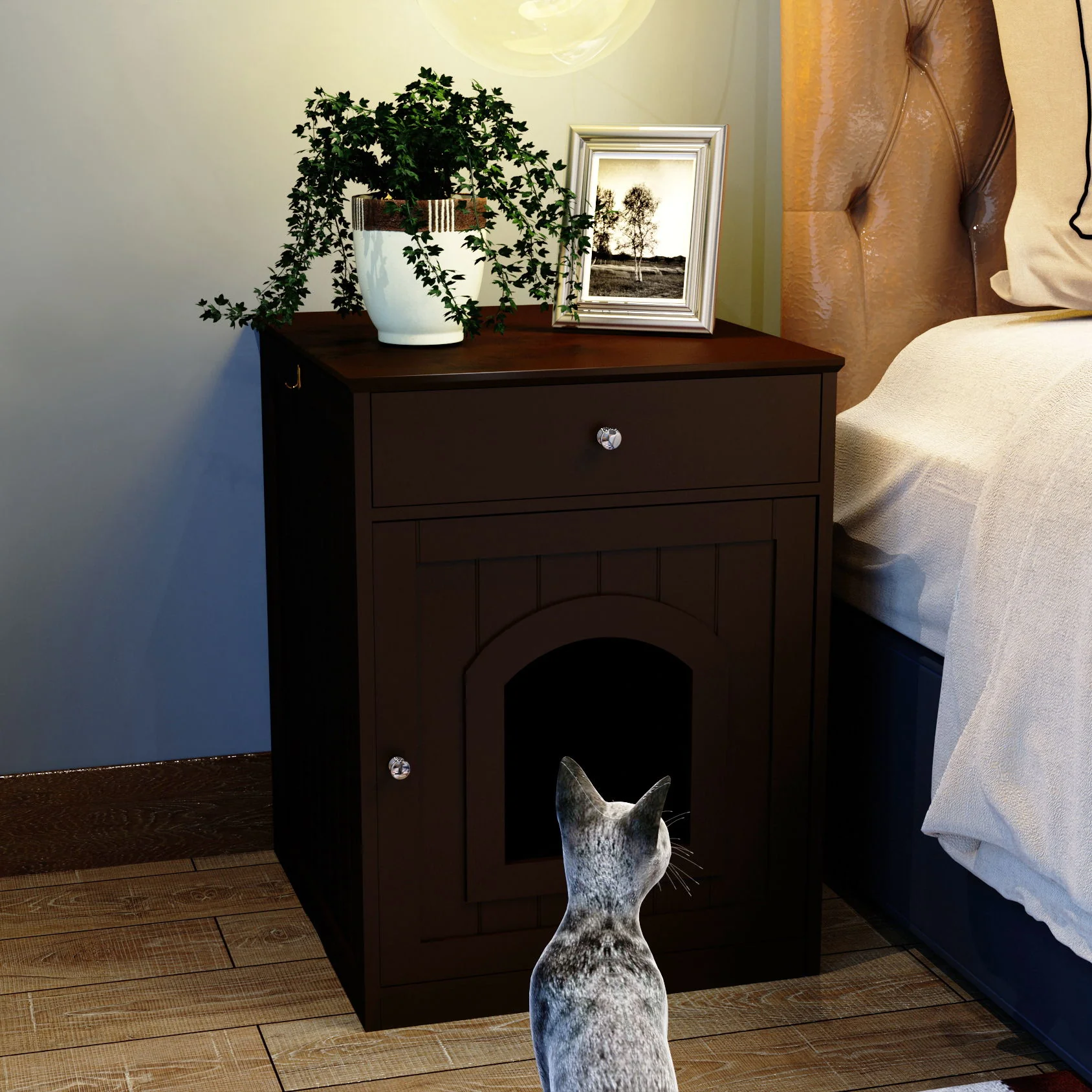 Pet House Cat Litter Box Enclosure With Drawer, Side Table - Image 4