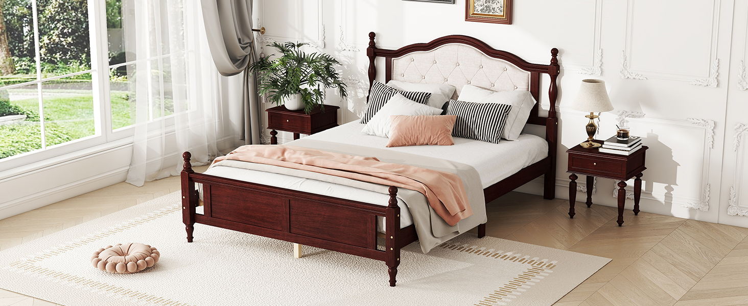 Pine Wooden Bed With Upholstered Headboard And Panel Footboard, With Two Bed Rail Support Feet And Central Platform Support Feet - Image 4