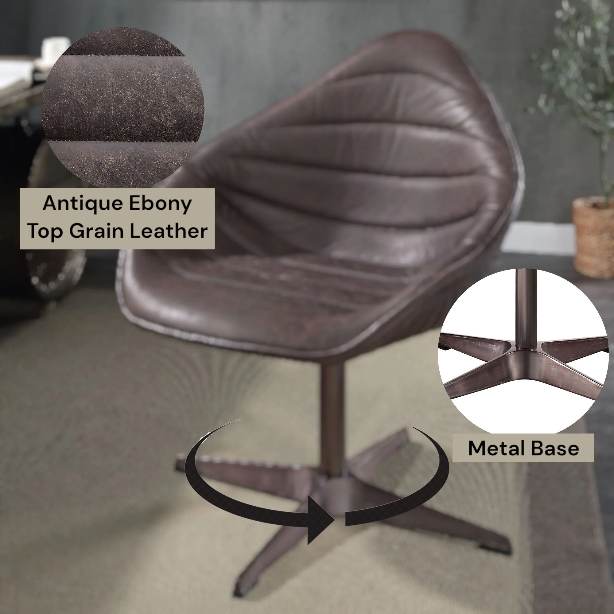 Pipino - Top Grain Leather Accent Chair With Swivel - Antique Ebony - Image 4