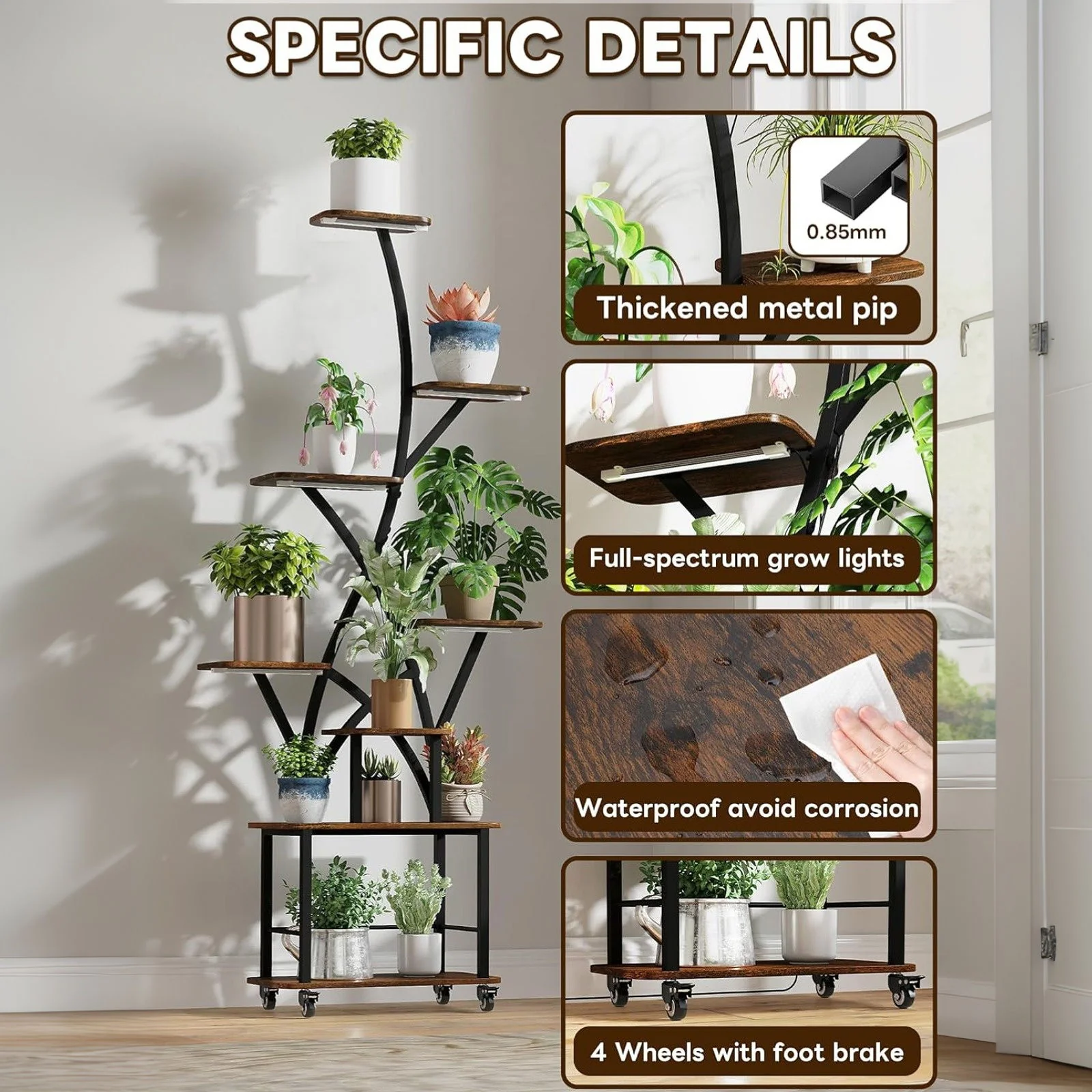 Plant Stand Indoor With Grow Light, 8 Tiered Tall Indoor Plant Shelves For Multiple Plants - Walnut / Black - Image 7