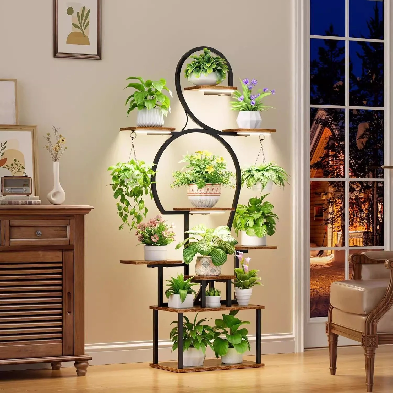 Plant Stand Indoor With Grow Light, 9 Tiered 63" Tall Indoor Plant Shelves For Multiple Plants - Walnut / Black - Image 3