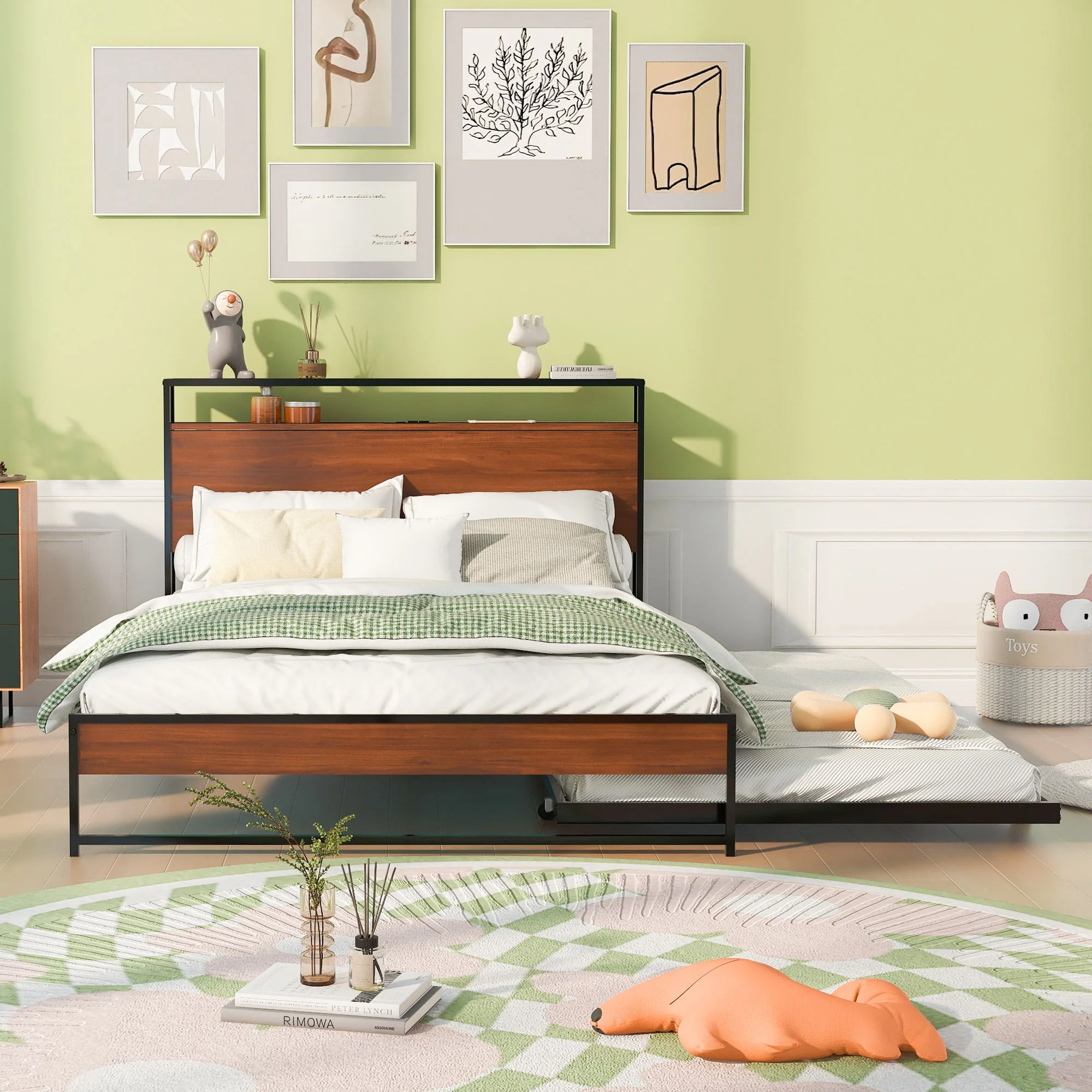 Platform Bed Frame With Trundle, USB Ports And Slat Support, No Box Spring Needed - Image 32