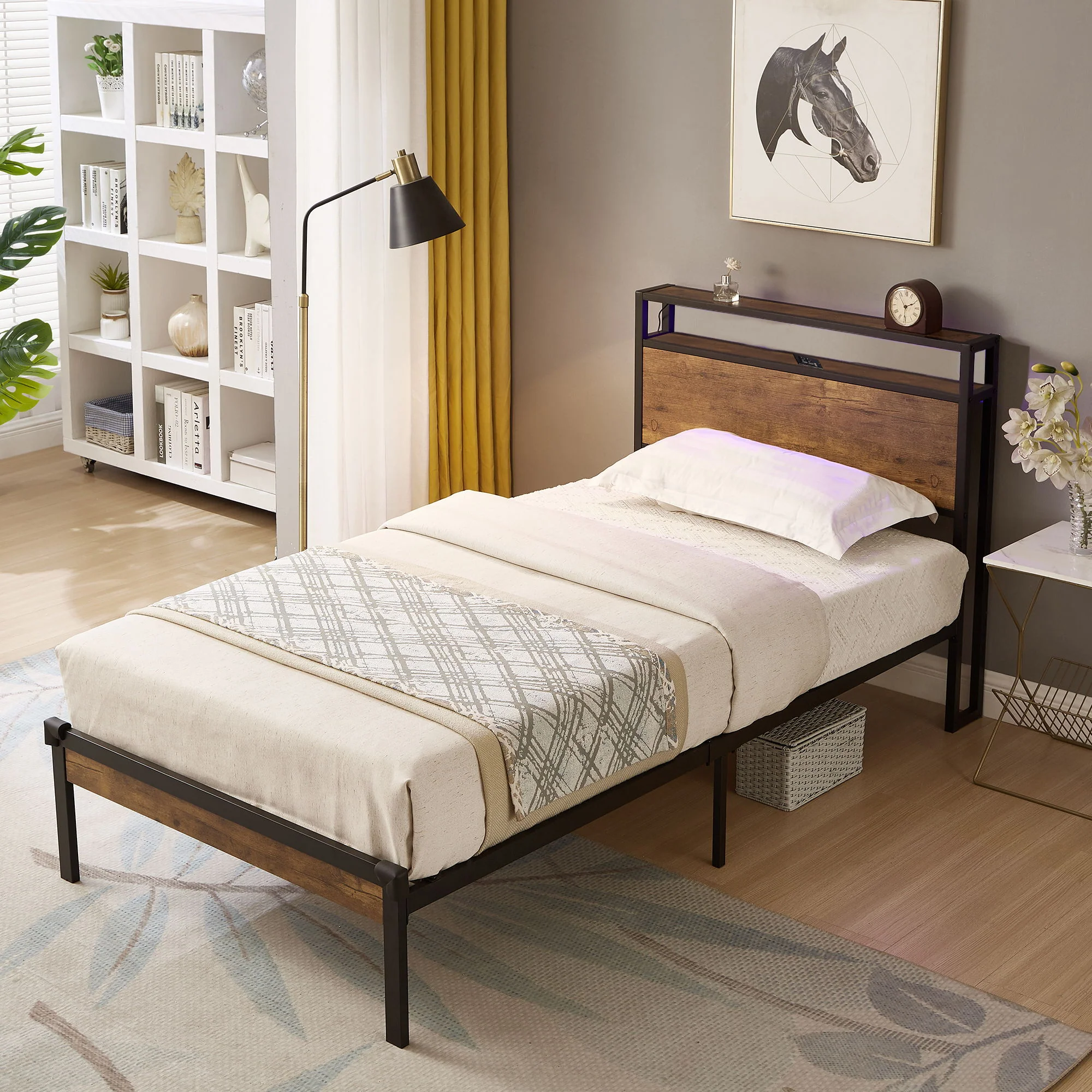Platform Bed Frame With Wooden Headboard And Footboard, USB Liner - Image 16