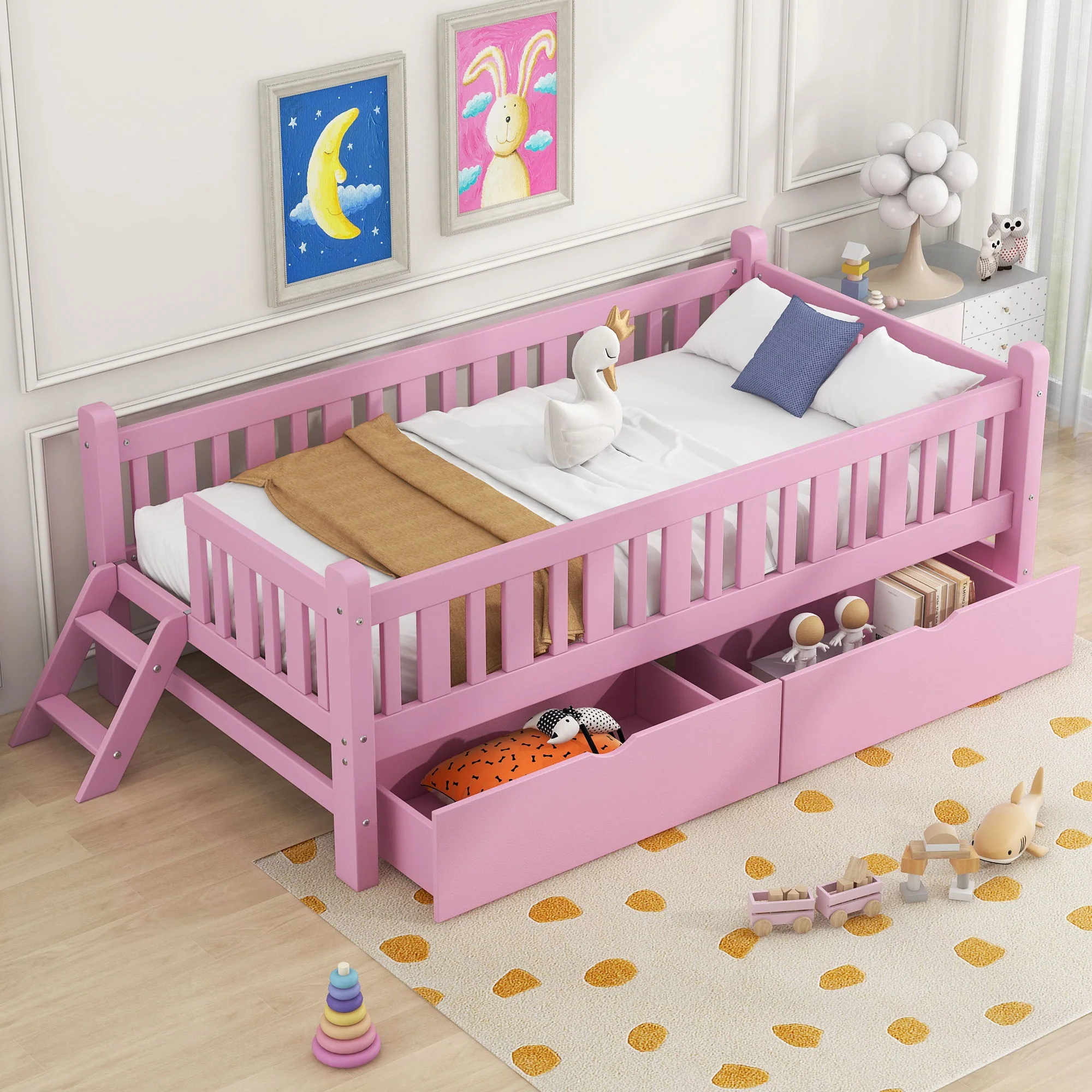 Platform Bed With Guardrail And 2 Drawers - Image 15