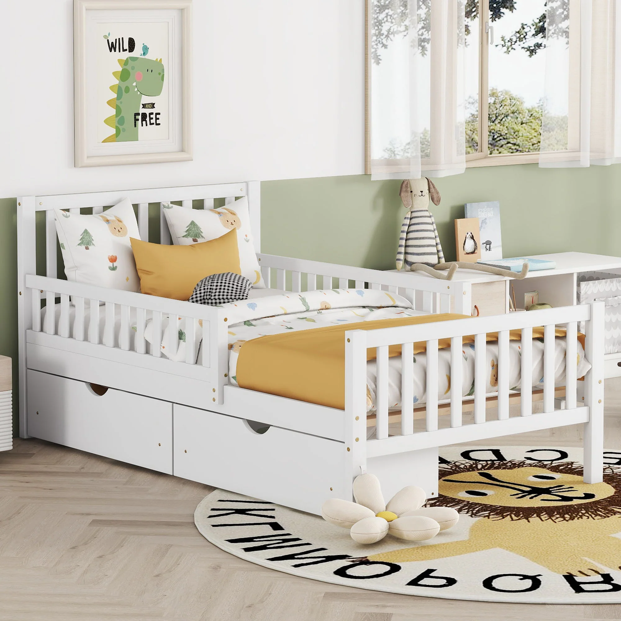 Platform Bed With Guardrails On Both Sides And 2 Storage Drawers - Image 9