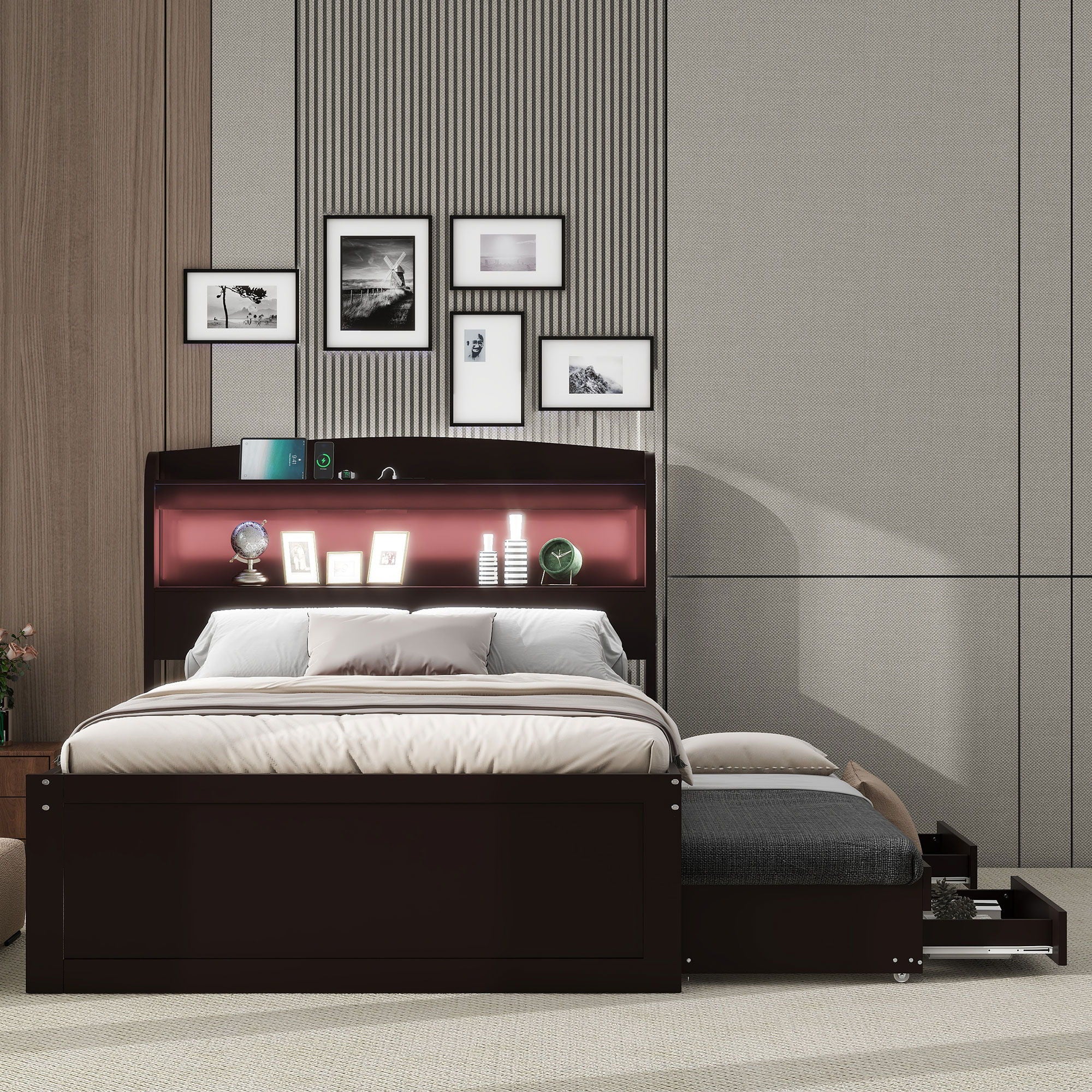 Platform Bed With LED Headboard, Charging Station, Trundle And 2 Drawers - Image 18