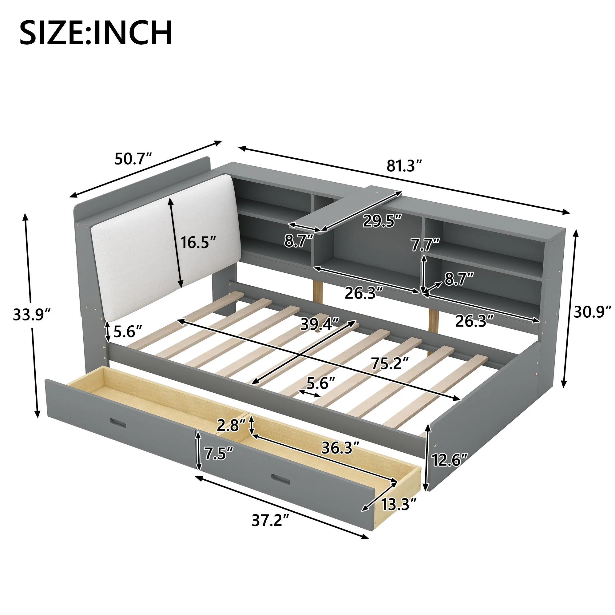 Platform Bed With Storage Headboard, Shelves And 2 Drawers - Image 10