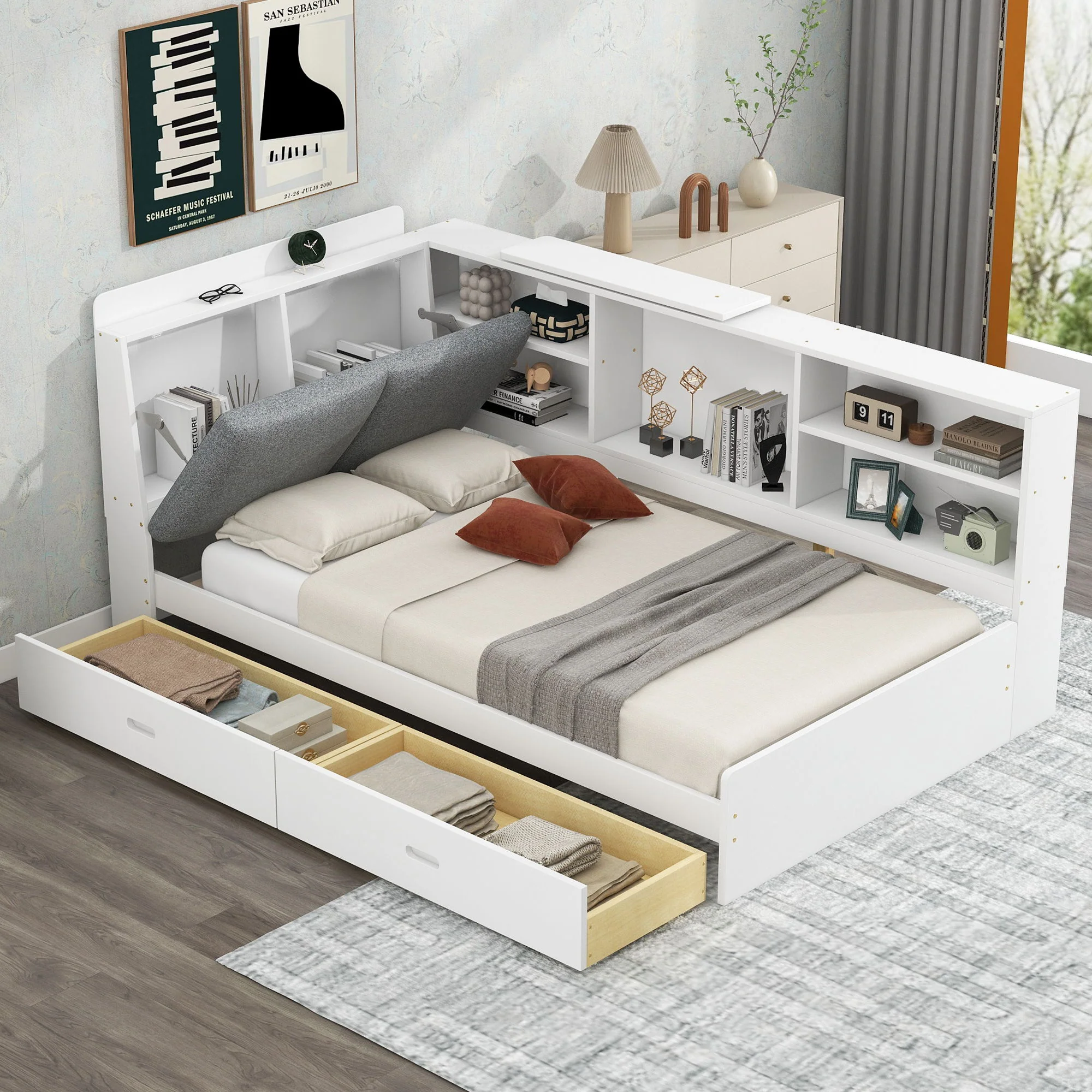 Platform Bed With Storage Headboard, Shelves And 2 Drawers - Image 15