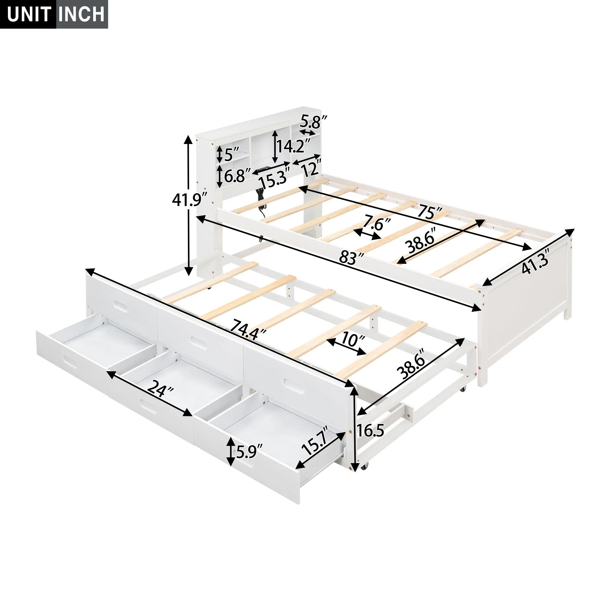 Platform Bed With Storage Headboard, USB, Trundle And 3 Drawers - Image 28