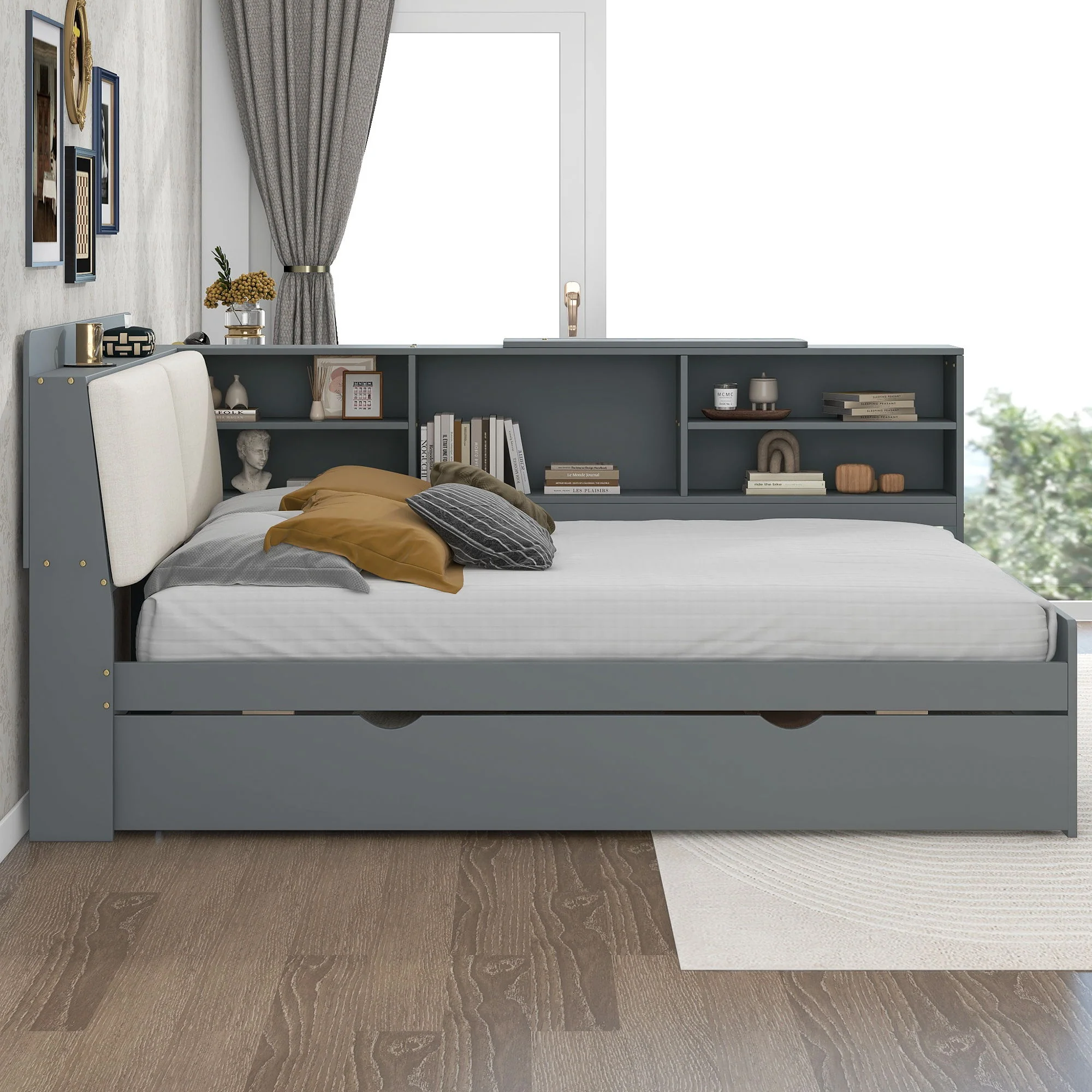 Platform Bed With Trundle, Shelves, And Storage Headboard - Image 18