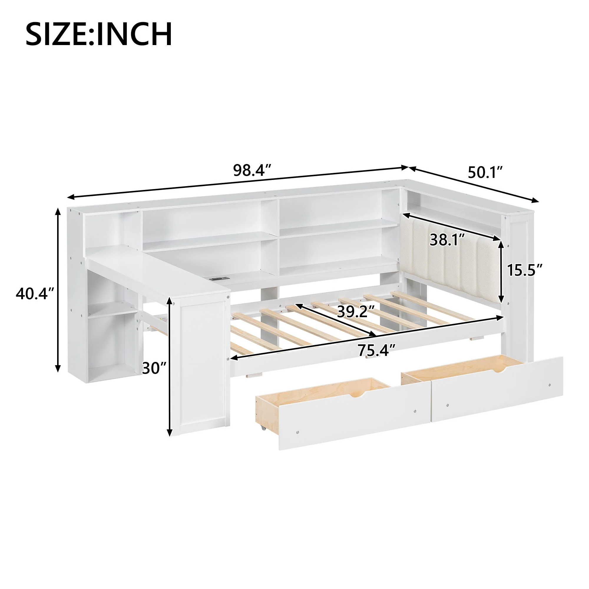 Platform Bed With Upholstered Headboard, Storage Shelves, Drawers, Charging Station, LED Lighting, Built In Desk - Image 18