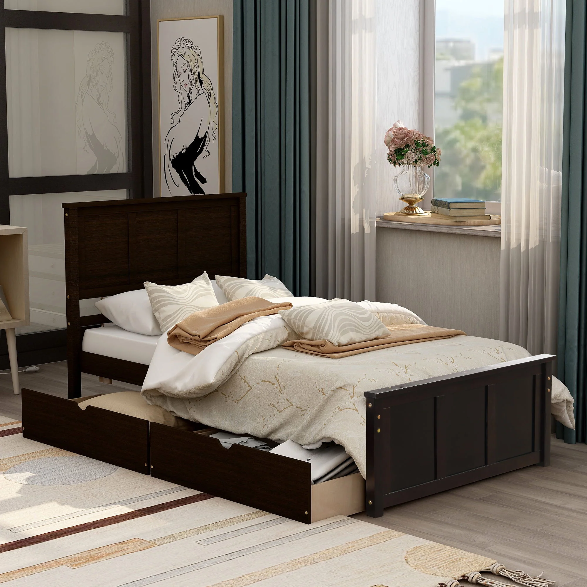Platform Storage Bed With 2 Wheel Base Drawers - Image 14