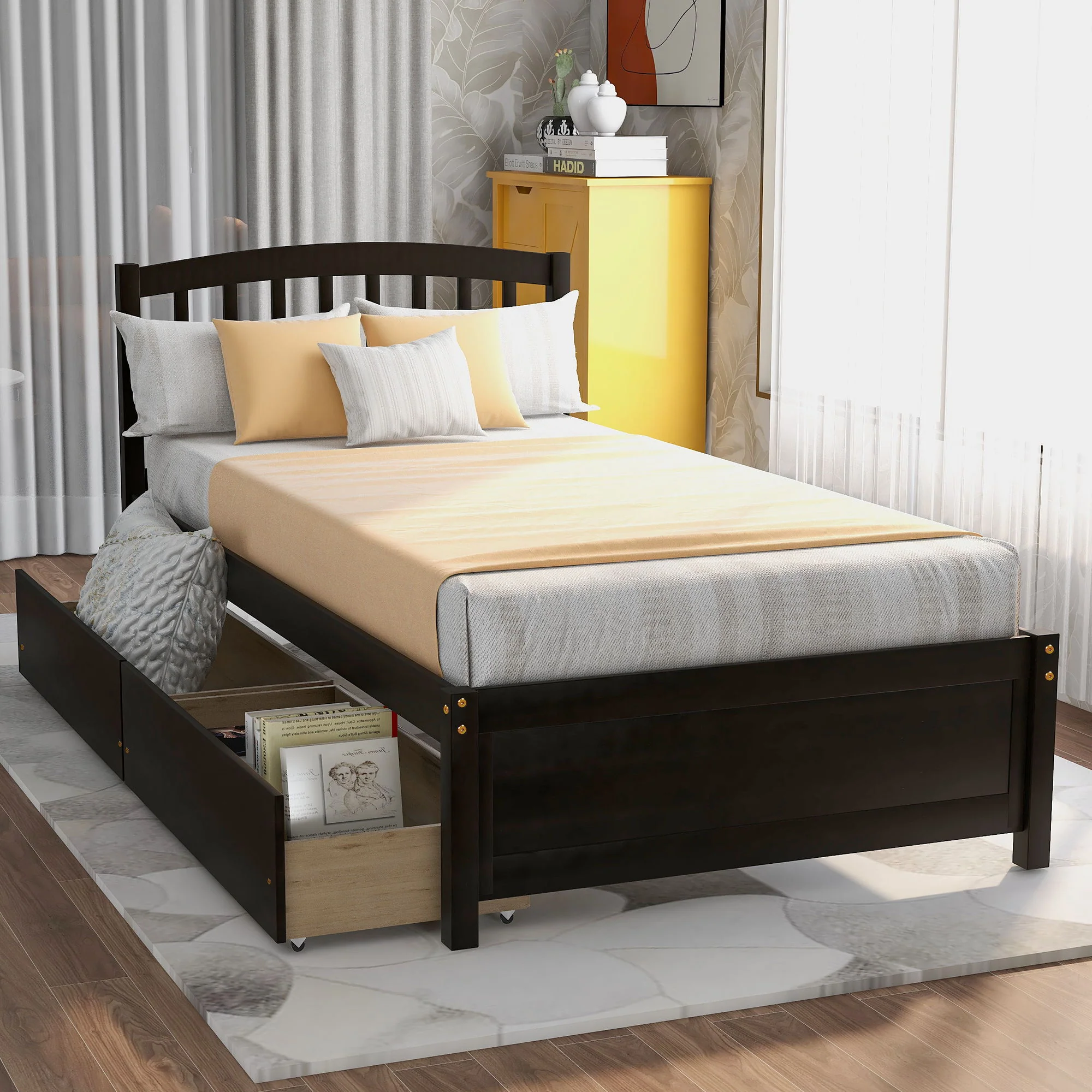 Platform Storage Bed Wood Bed Frame With Two Drawers And Headboard - Image 18