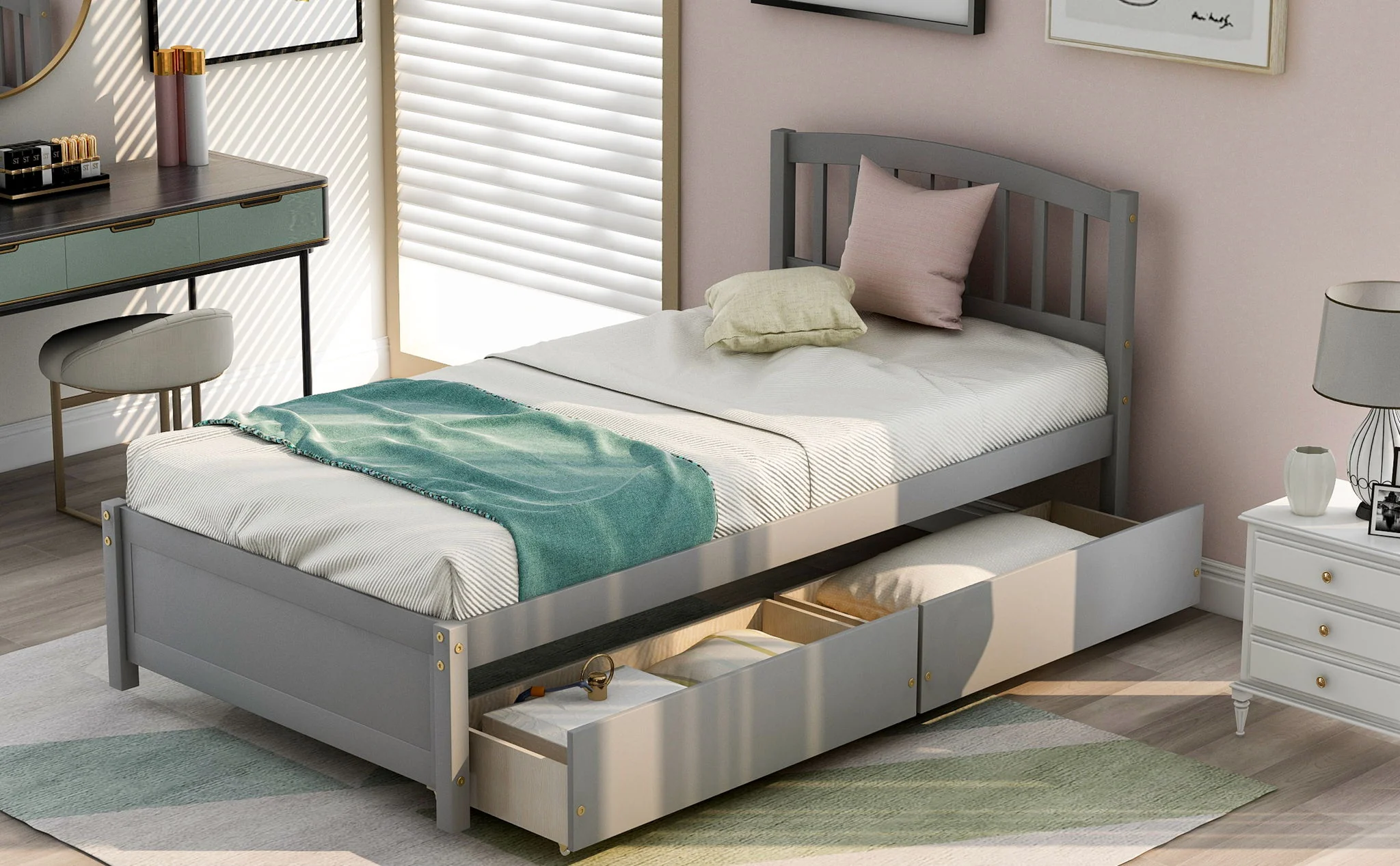 Platform Storage Bed Wood Bed Frame With Two Drawers And Headboard - Image 20