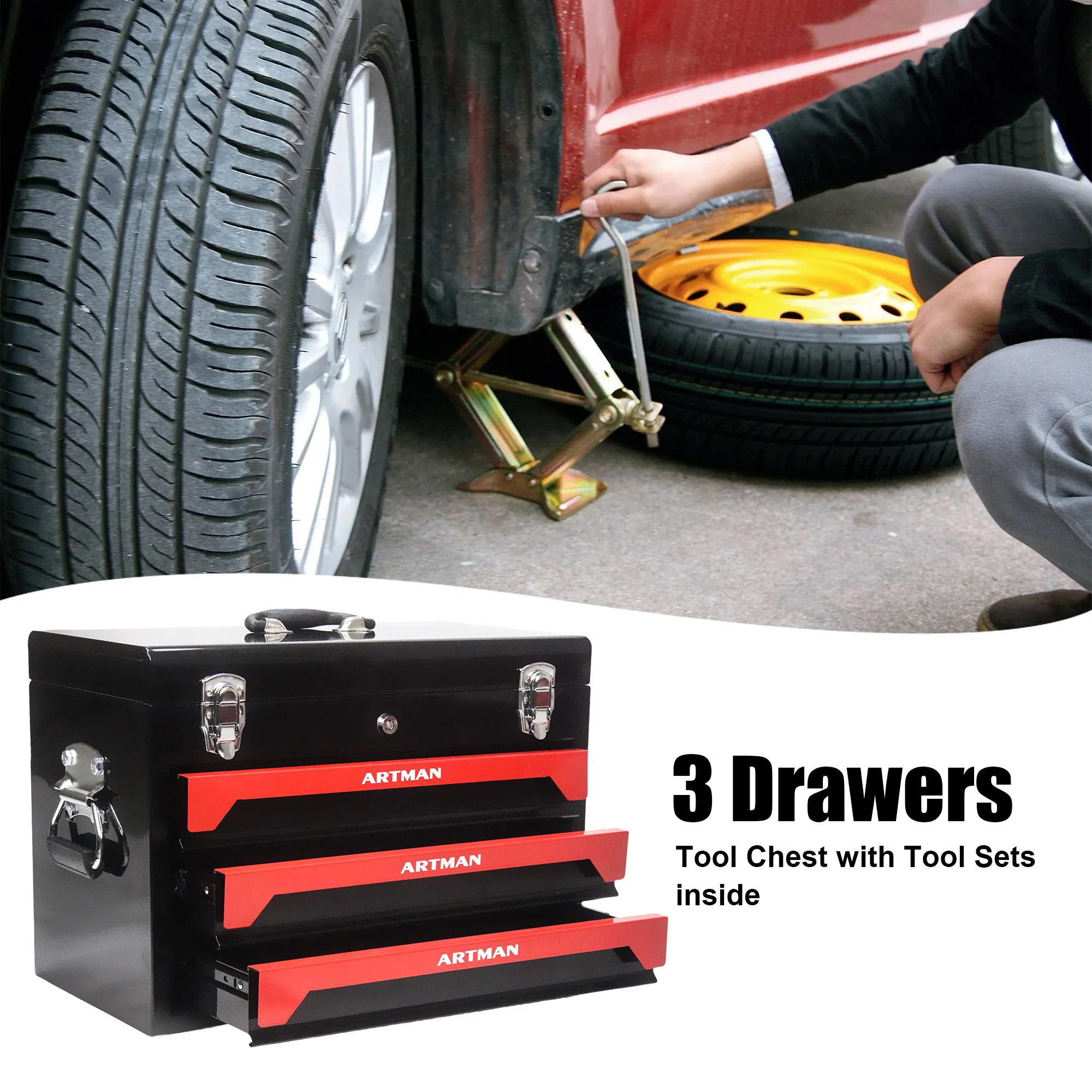 Portable 20" Steel Tool Box With 3 Drawers And Metal Latch Closure - Black / Red - Image 8
