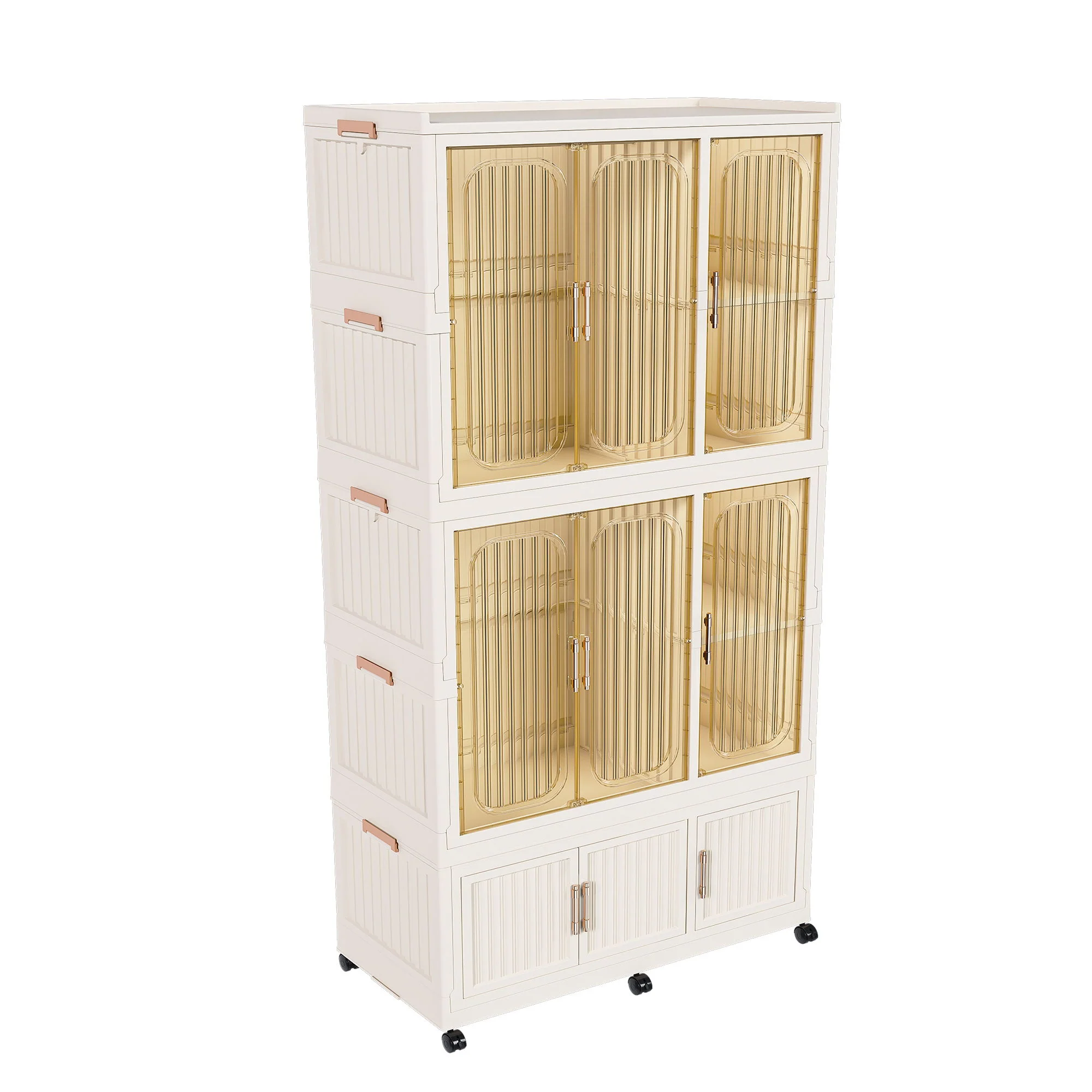Portable Wardrobe Closet Storage Organizer For Clothes, 9 Magnetic Doors With 9 Cubes & 2 Hanging Rods, 6 Hangers - Cream White - Image 2