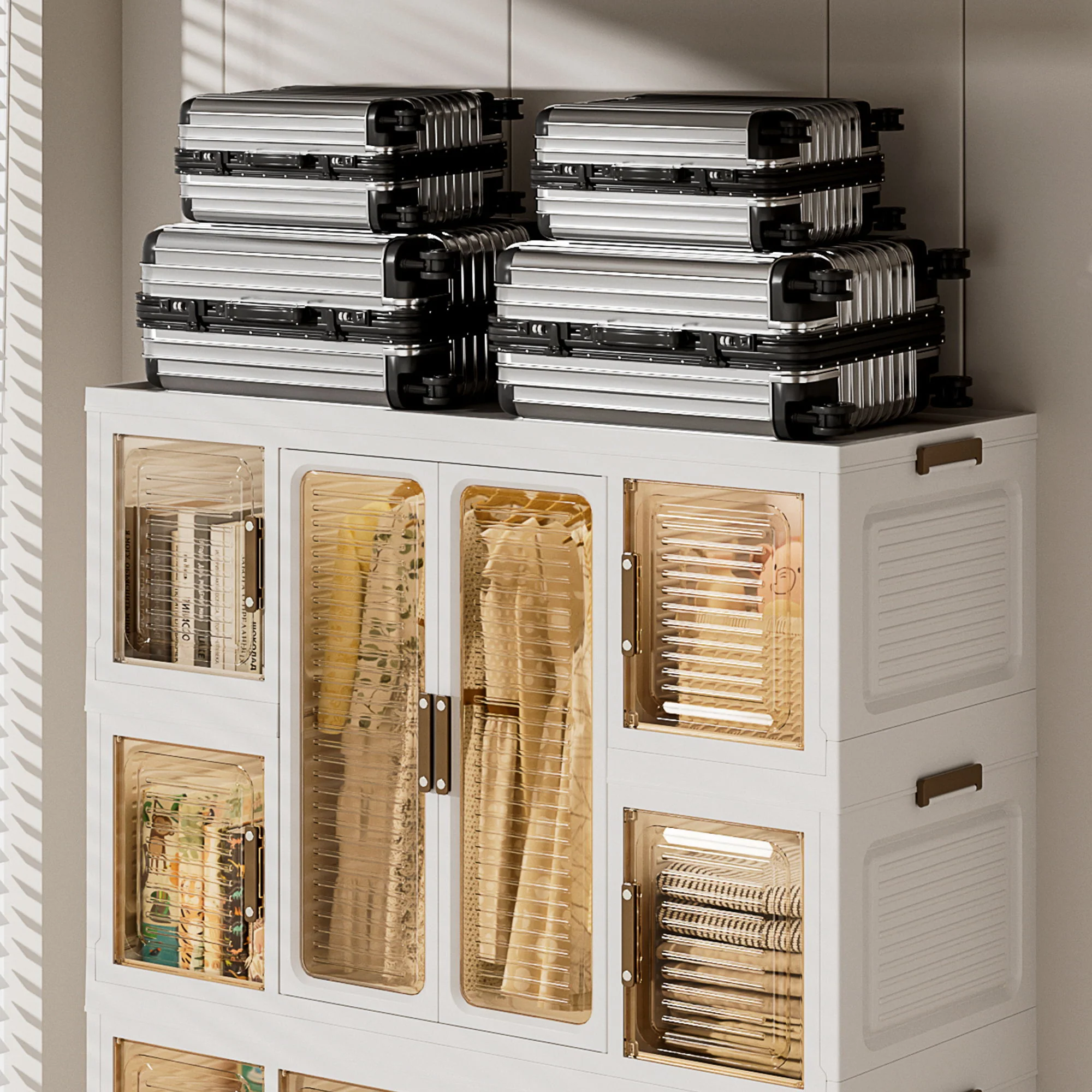 Portable Wardrobe Closet Storage Organizer For Clothes With Magnetic Doors, 12 Cubes & 2 Hanging Rods - White - Image 8