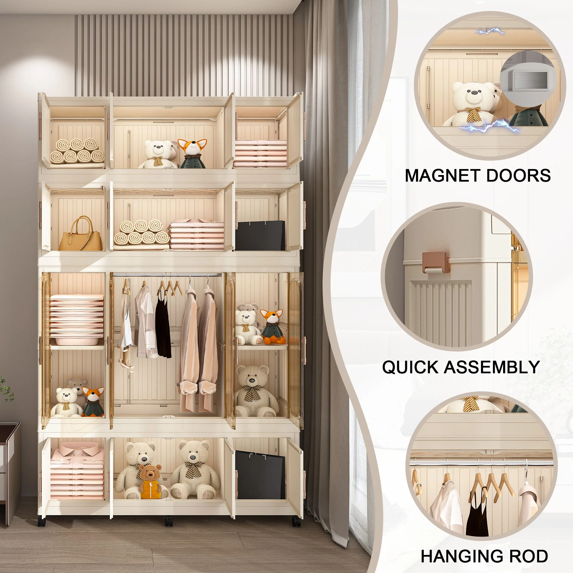 Portable Wardrobe Closet Storage Organizer With 17 Magnetic Doors, 17 Cubes, Hanging Rod & 6 Hangers - Creamy White - Image 6