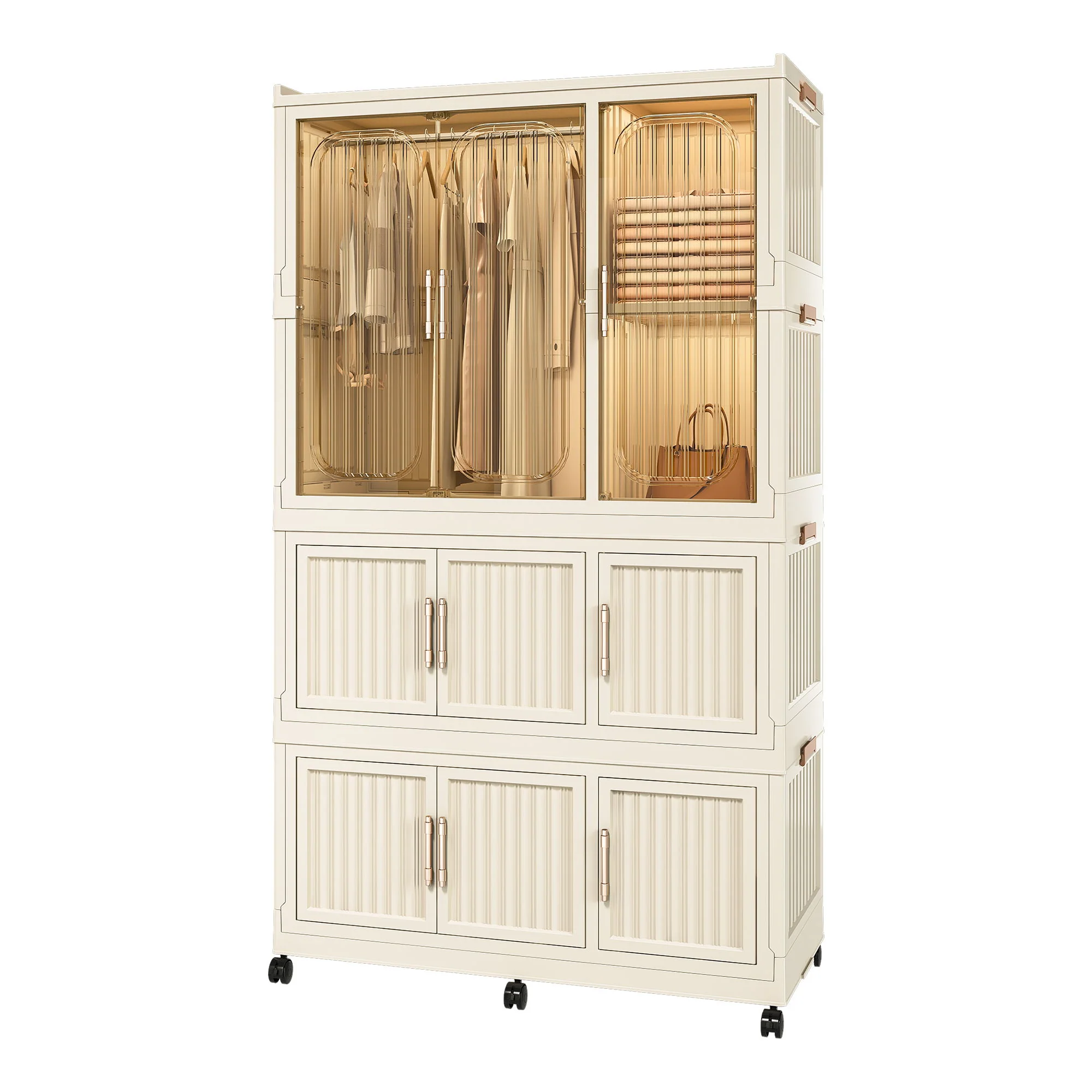 Portable Wardrobe Closet Storage Organizer With 9 Magnetic Doors - Cream White - Image 4