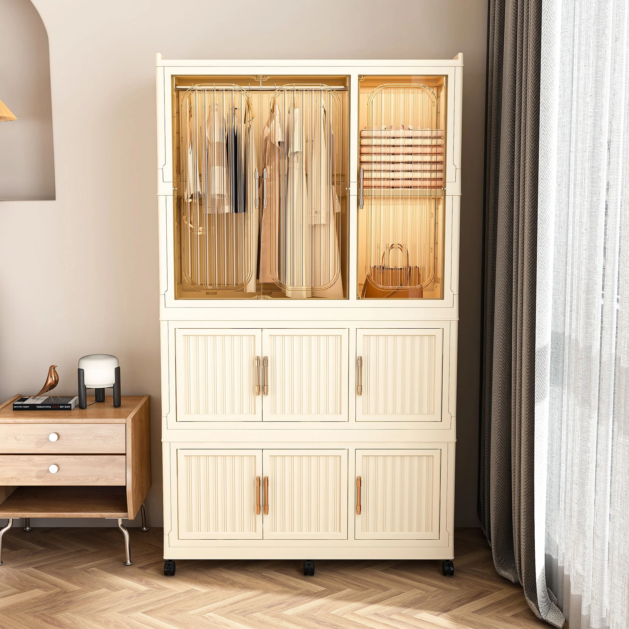 Portable Wardrobe Closet Storage Organizer With 9 Magnetic Doors - Cream White - Image 5