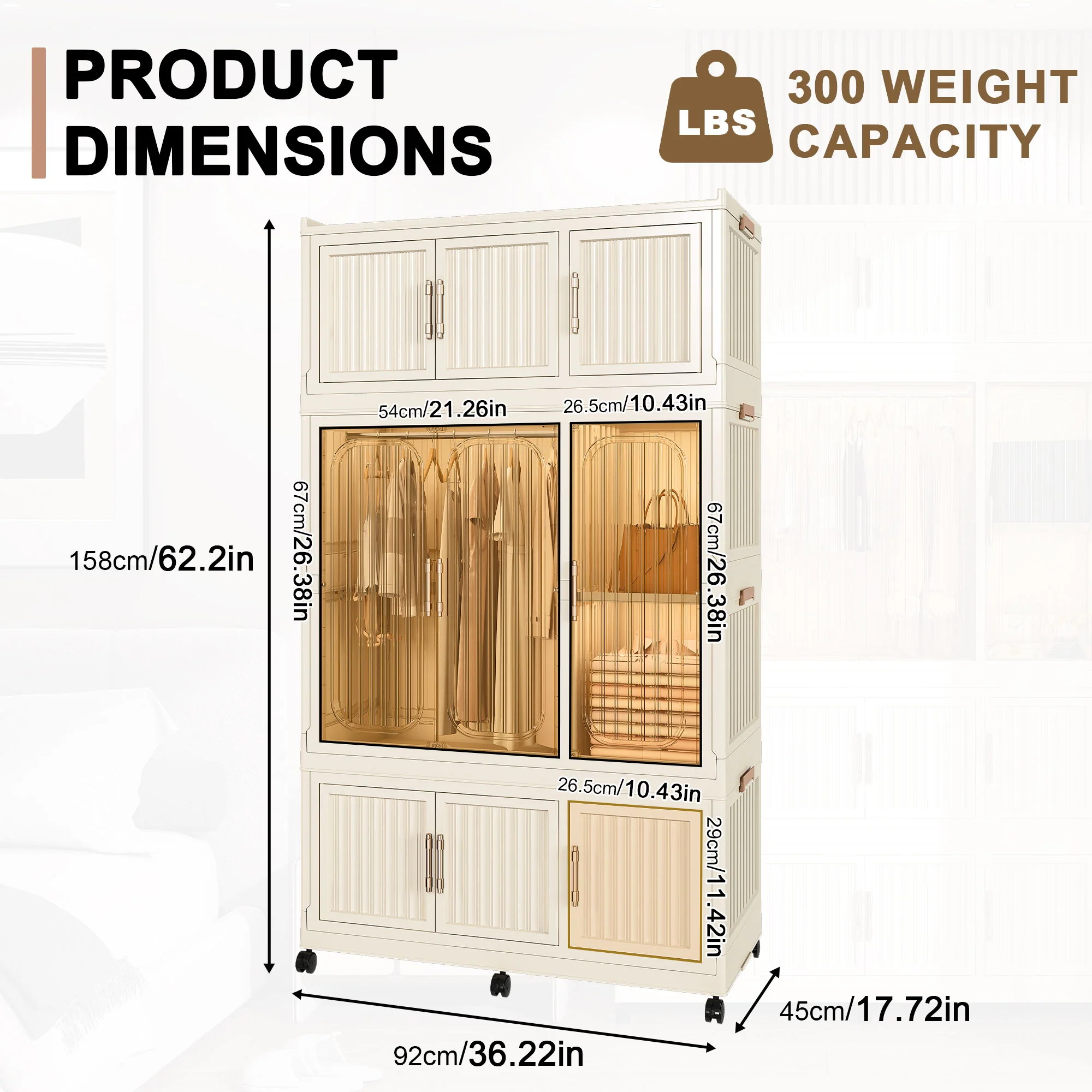 Portable Wardrobe Closet Storage Organizer With 9 Magnetic Doors - Cream White - Image 9