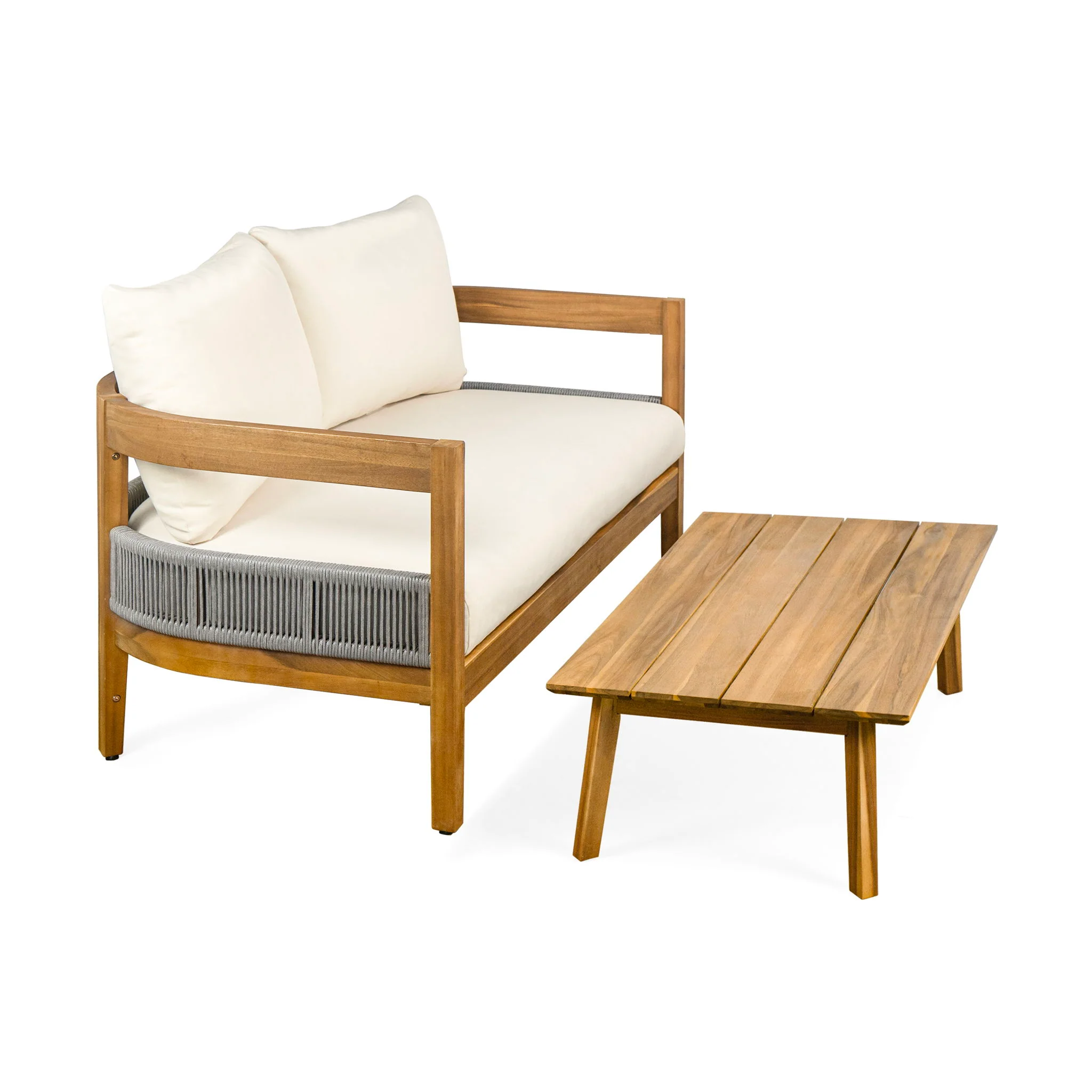 Porto - Outdoor Loveseat & Table - Beige / Teak - Image 9