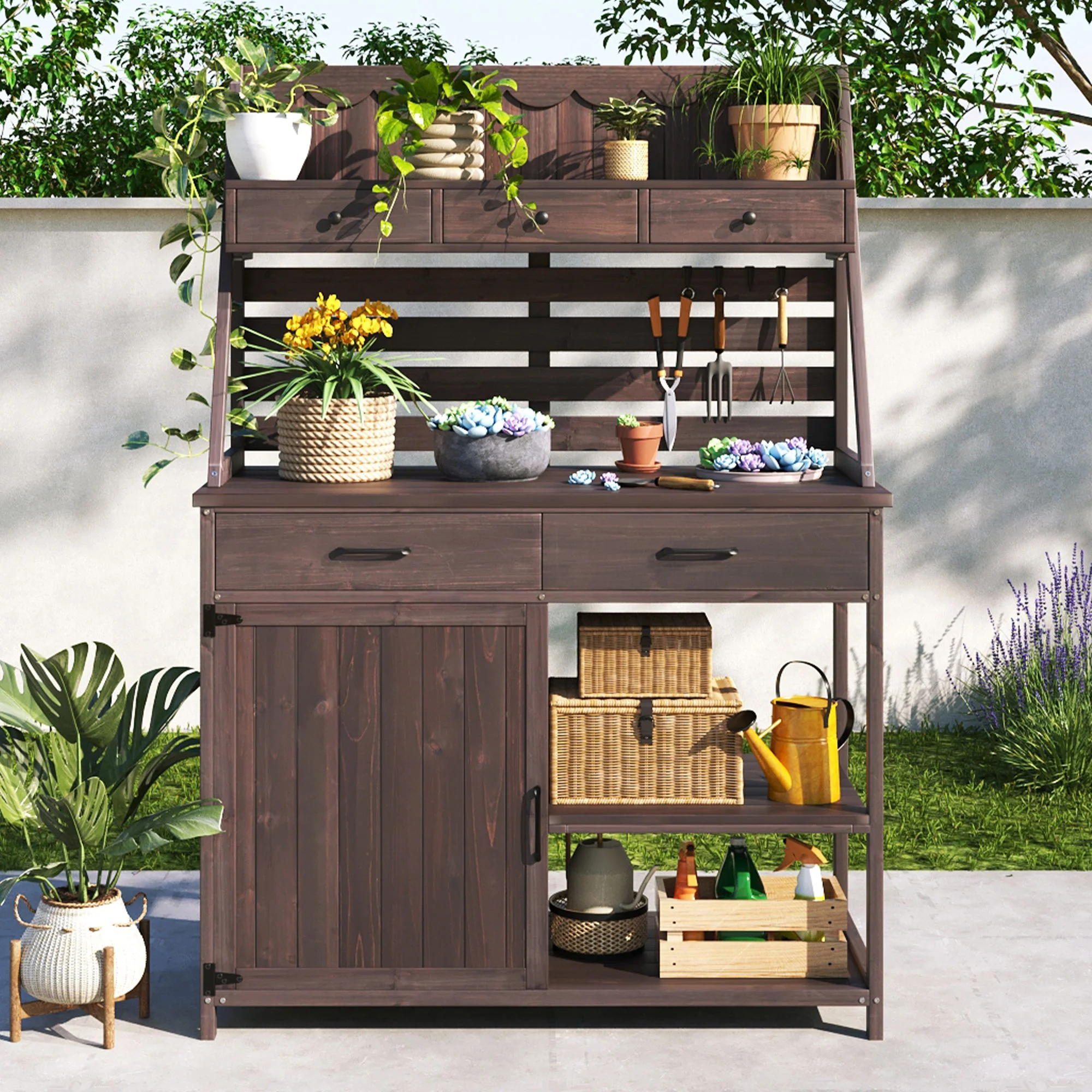 Potting Bench With 5 Drawer Storage And Slatted Back Panel, Garden Workstation - Brown - Image 5
