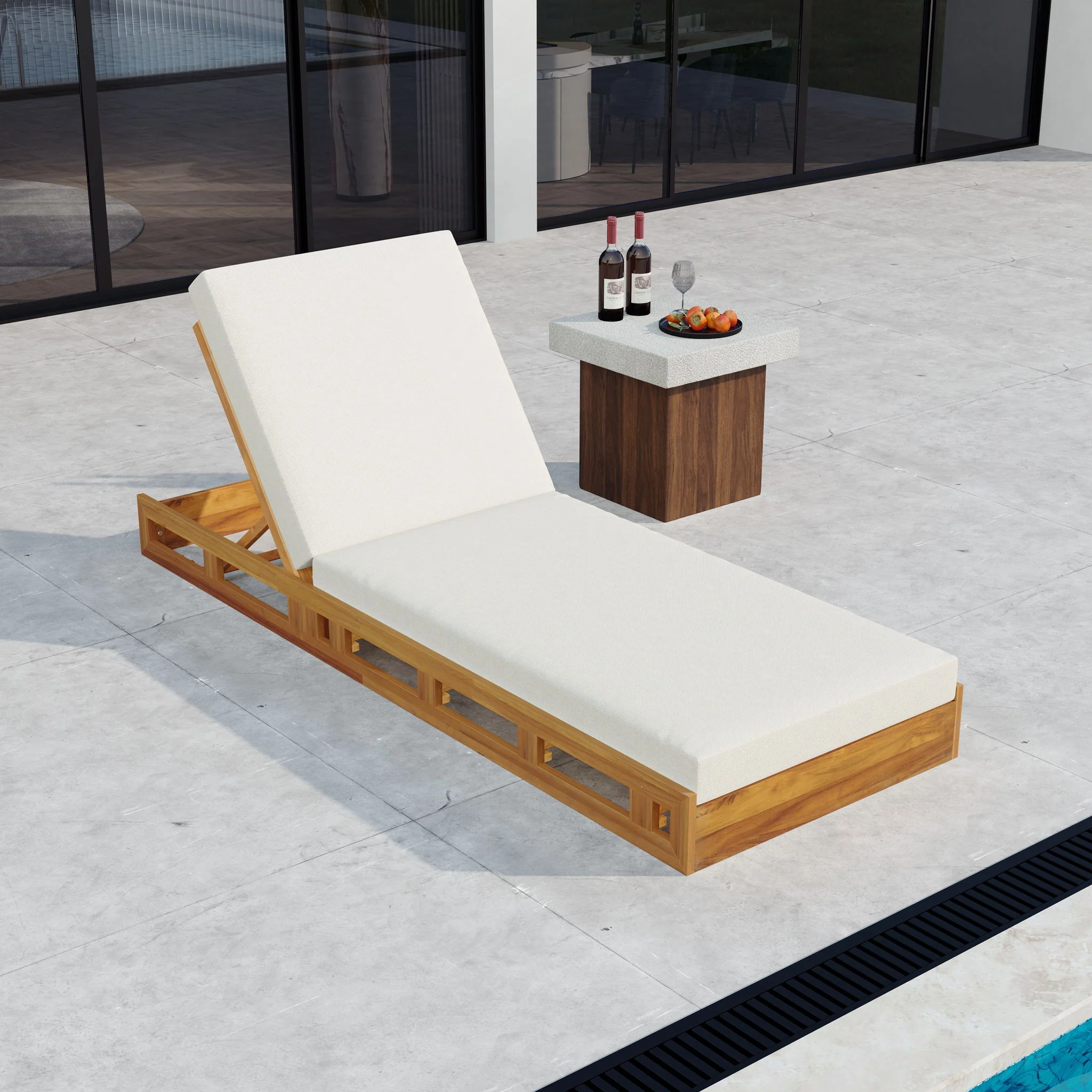 Premium Acacia Wood Lounge Chaise Set With Water Resistant Cushions, Adjustable Recline - Cream / Teak - Image 5