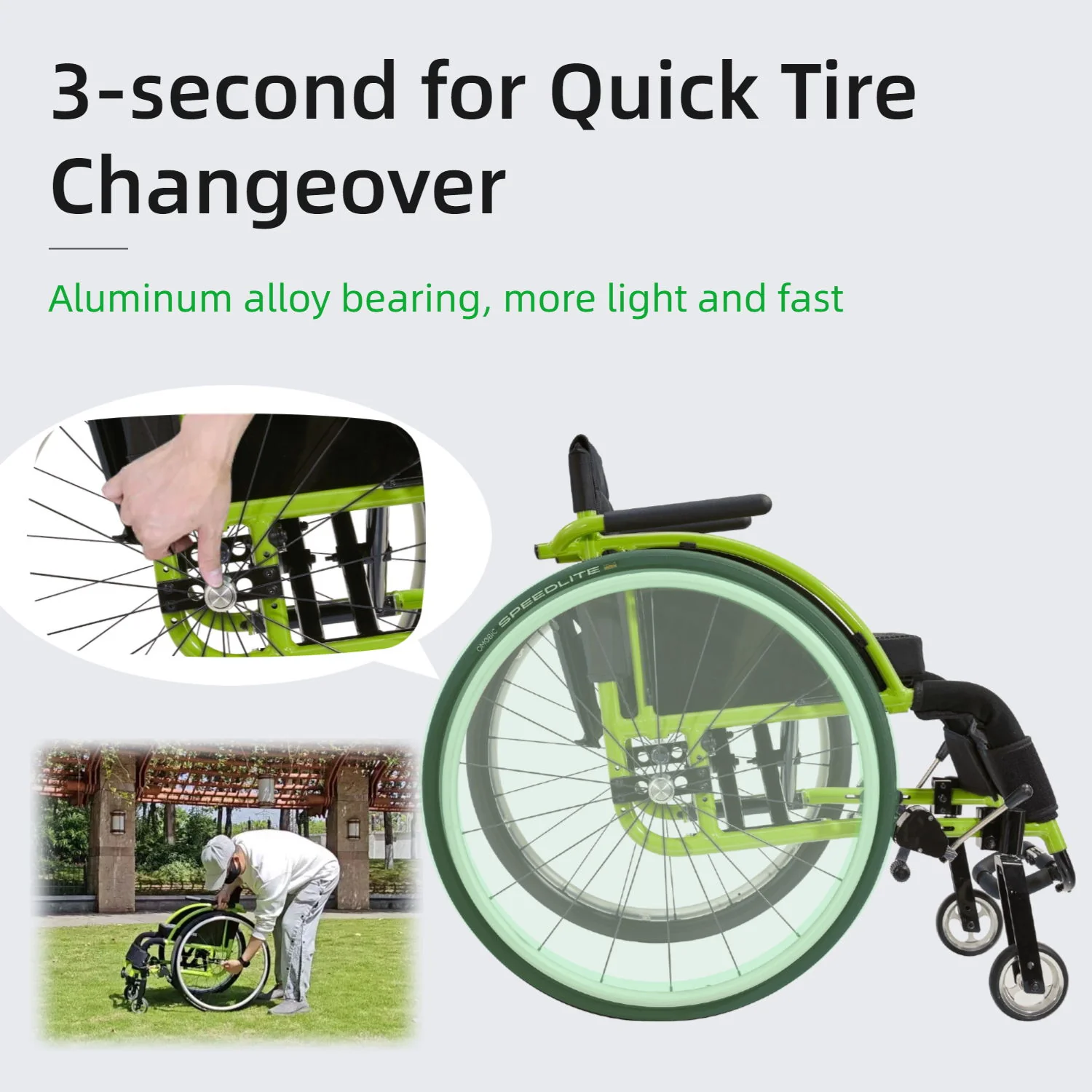 Premium Lightweight Foldable Sport Wheelchair All Body Sturdy & Comfortable 250Lbs Capacity Easy Folding 24" Sports Tires Perfect For Outdoor - Black / Green - Image 4