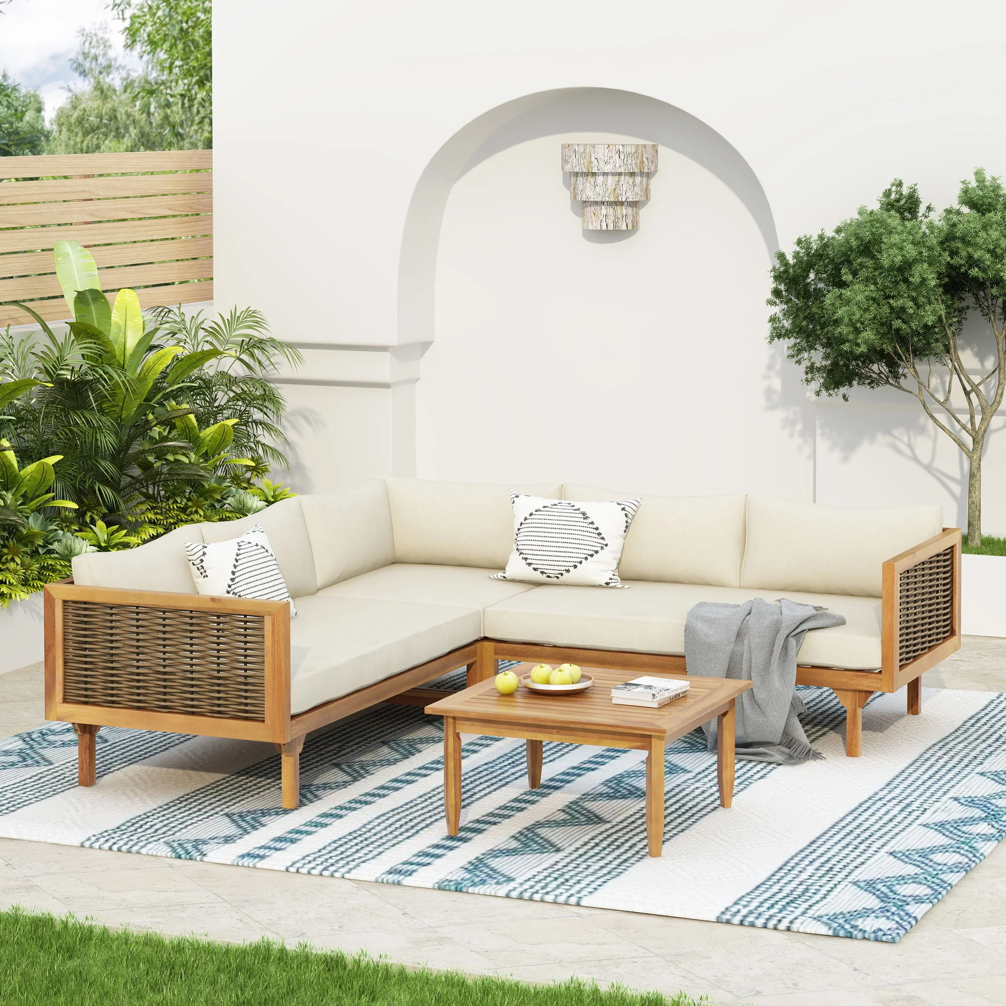 Premium Outdoor Sofa Set With Waterproof Cushions Sectional Seating Group With Acacia Wood And Wicker - Brown Mix / Beige - Image 7
