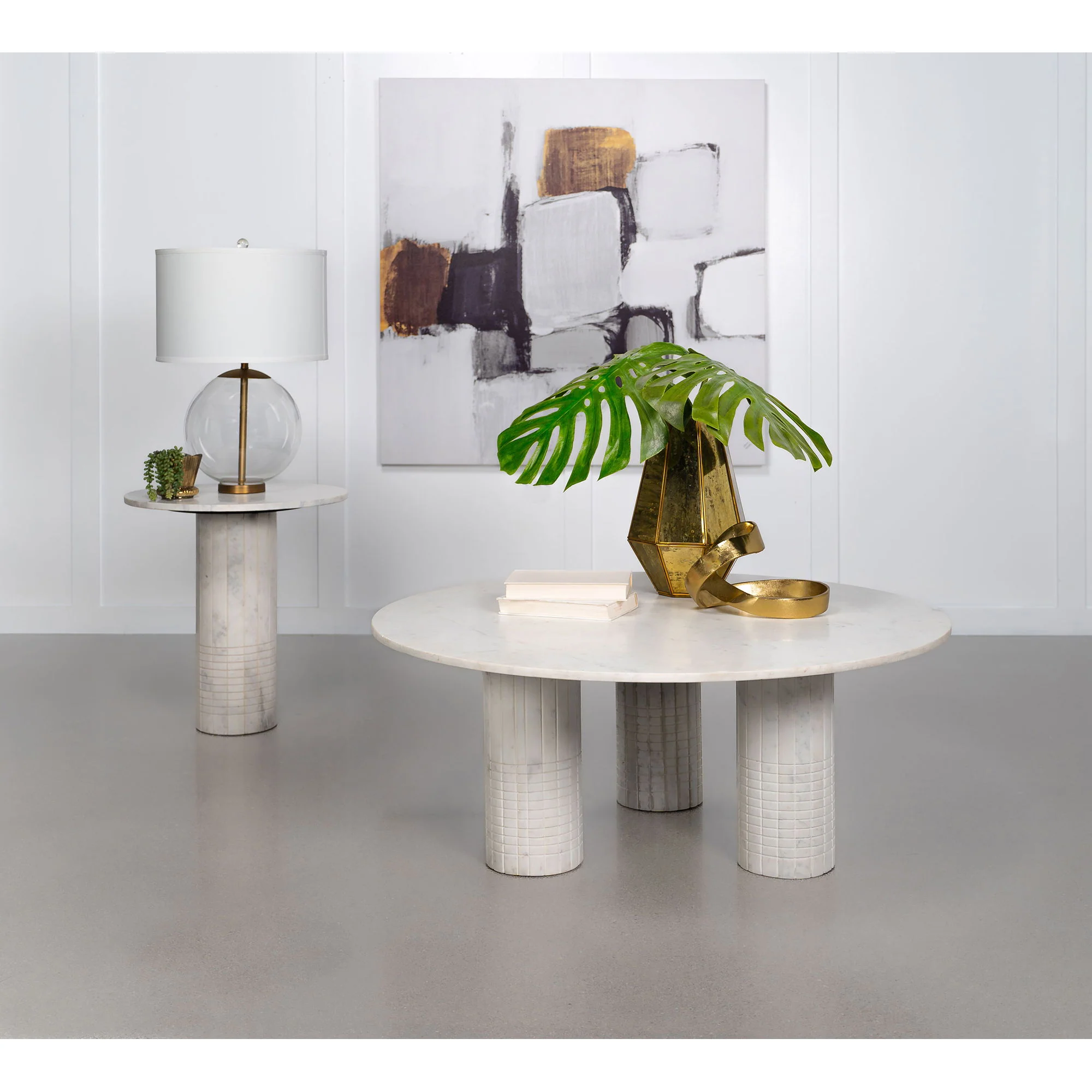 Preston - 2 Piece Coffee And End Table Set With Cylindrical Pedestal Bases, Round Design - White - Image 3