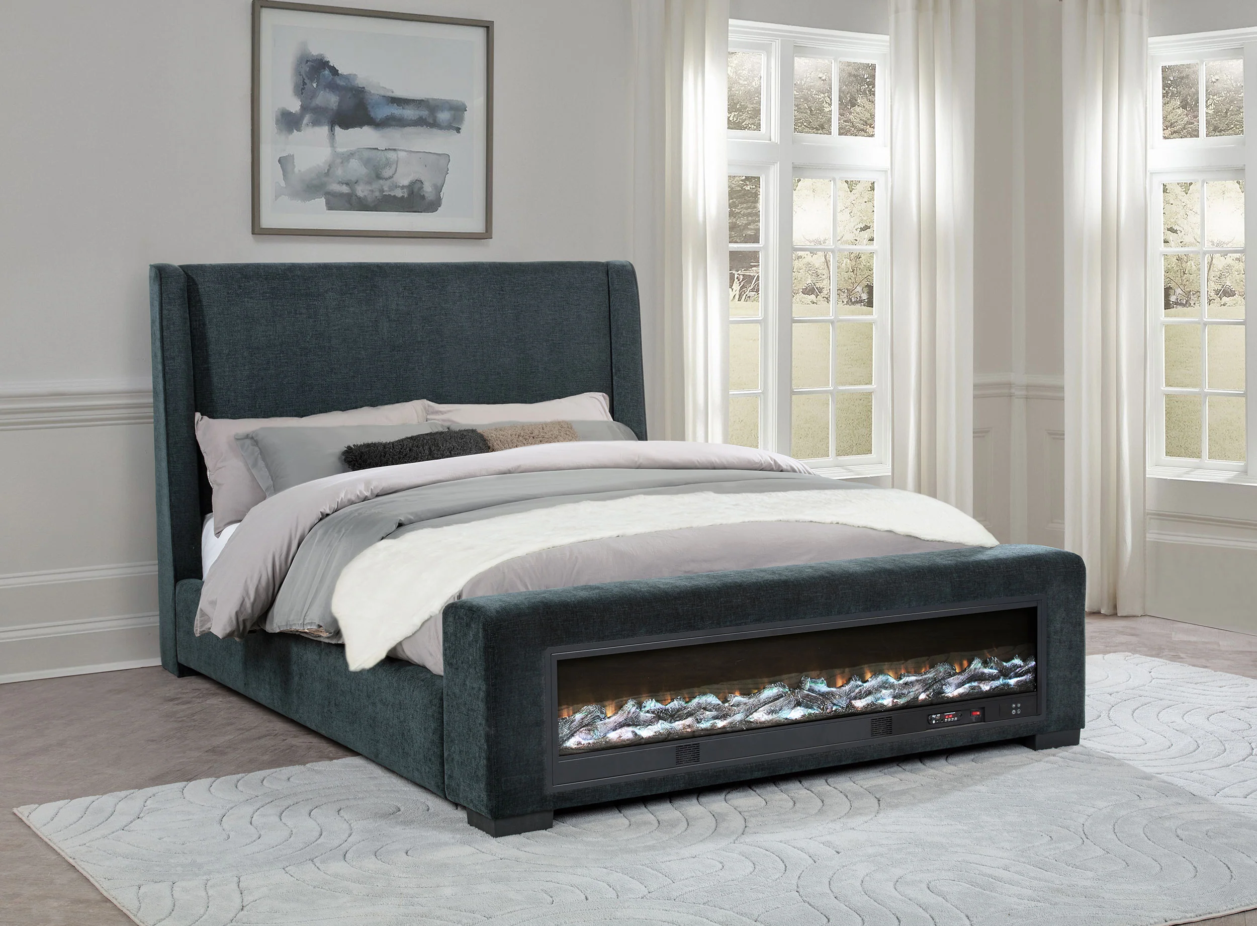 Preston Upholstered Eastern King Bed with Flame Visualizer - Dark Blue - Image 4