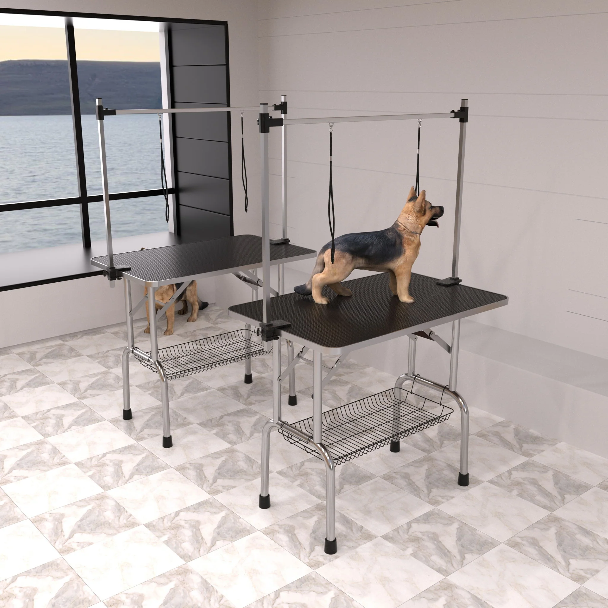 Professional Dog Pet Grooming Table Adjustable Heavy Duty Portable With Arm & Noose & Mesh Tray - Black - Image 7
