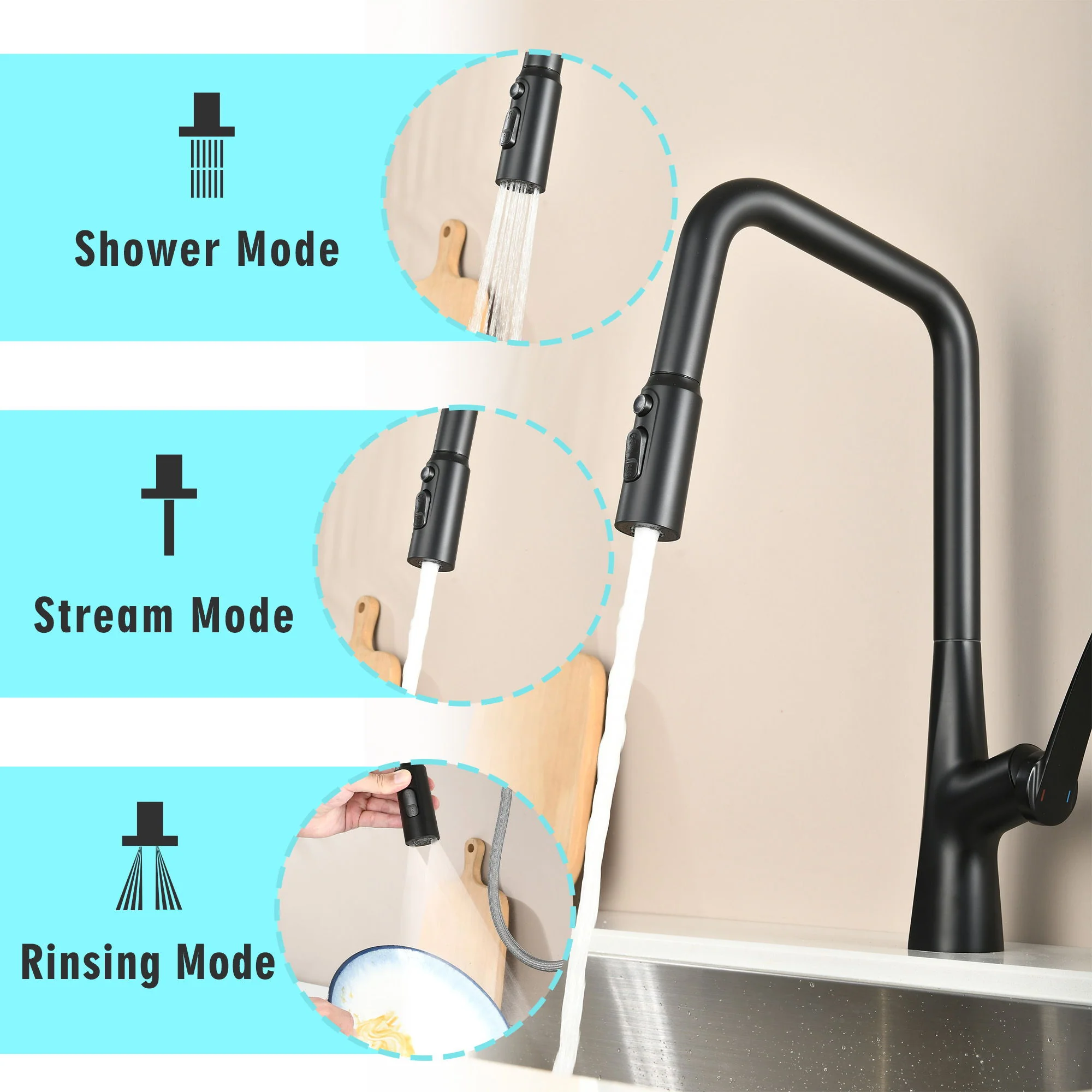 Professional Kitchen Faucet With 3 Function 360 Sprayer And 1 Touch Switching - Image 8