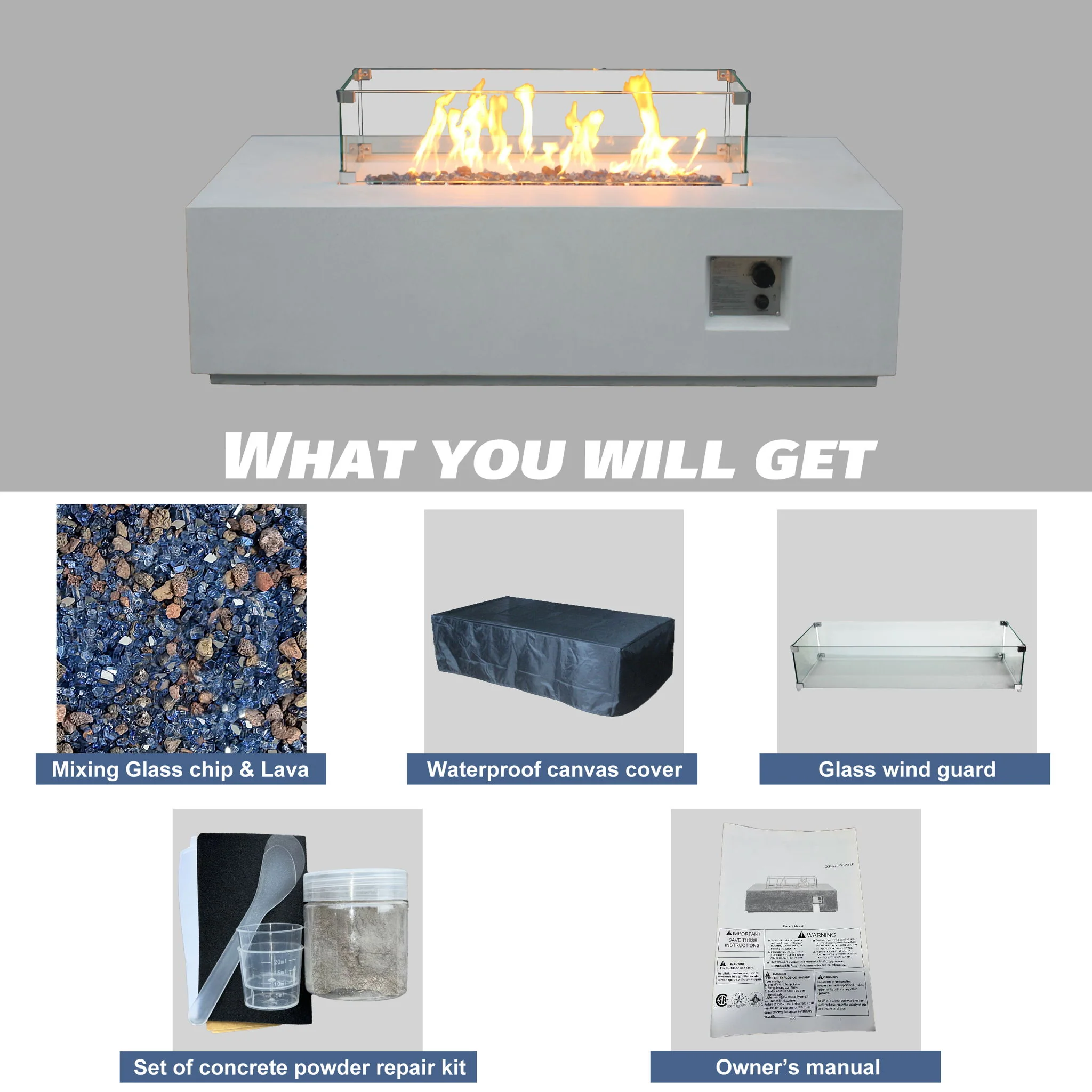 Propane Gas Fire Pit Table Garden Heater Concrete Rectangle 52x14in - Image 16