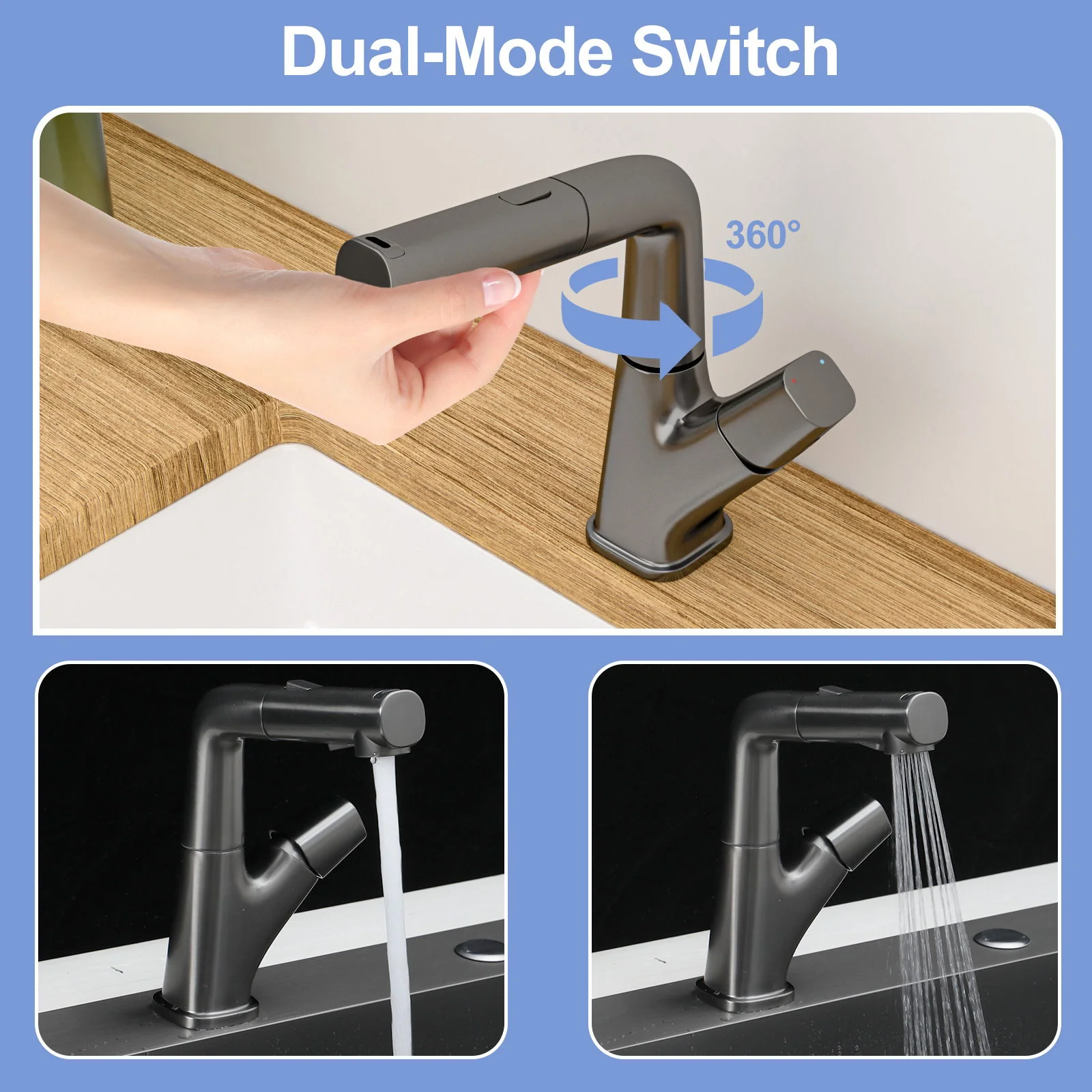 Pull Down Bathroom Sink Faucet With 3 Water Modes And Stainless Steel Construction - Gunmetal Black - Image 3