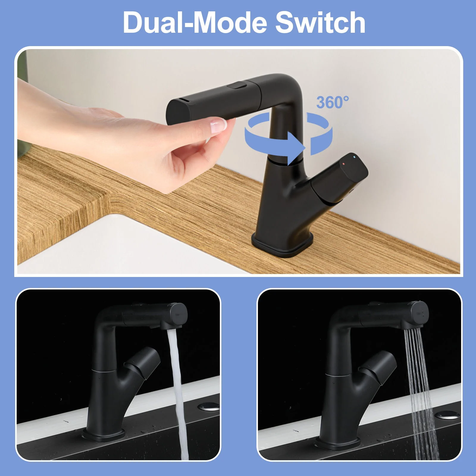 Pull Down Bathroom Sink Faucet With Three Water Modes And Construction - Matte Black - Image 3