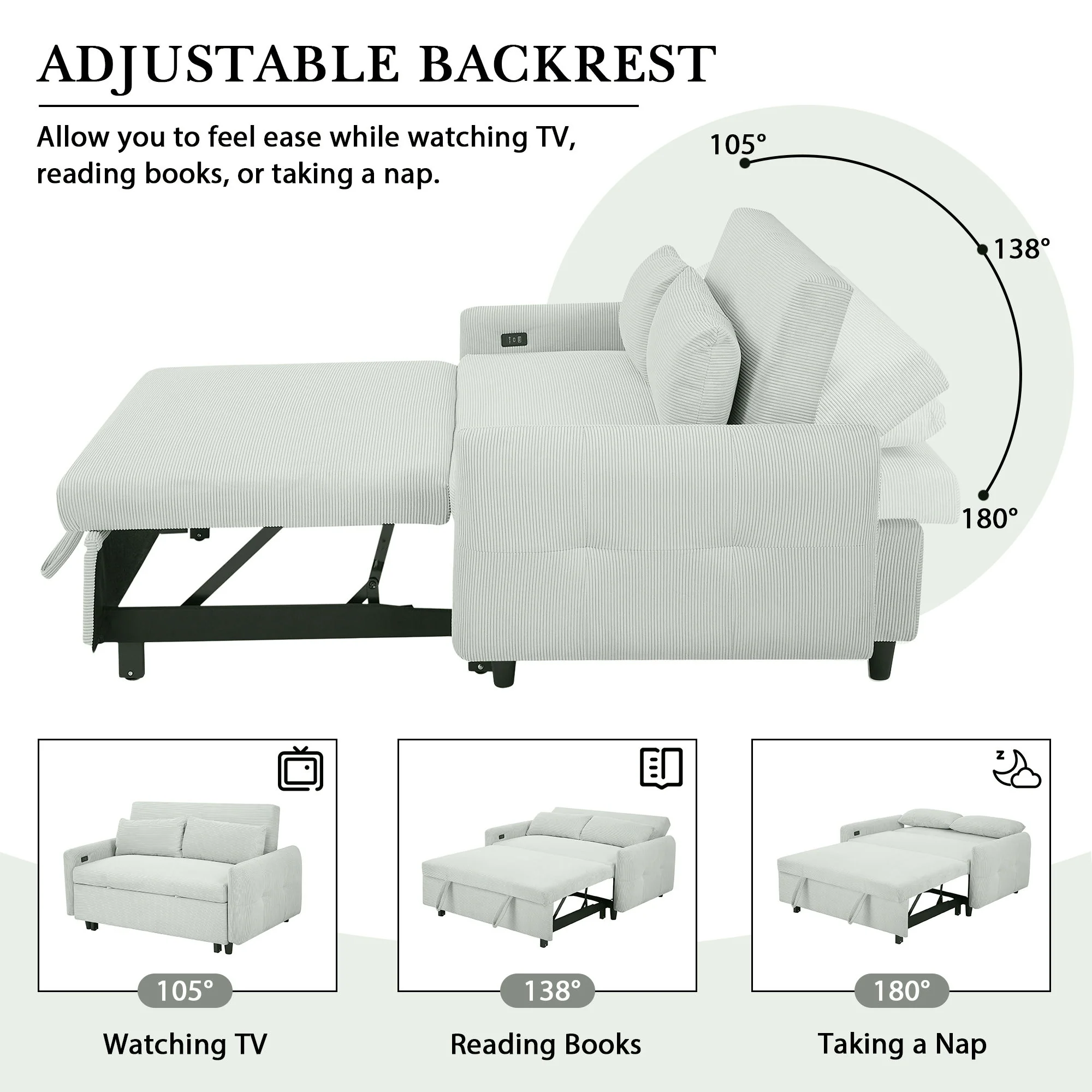 Pull-Out 2 Seat Modern Sleeper Sofa With 2 Throw Pillows And USB Ports - Image 10